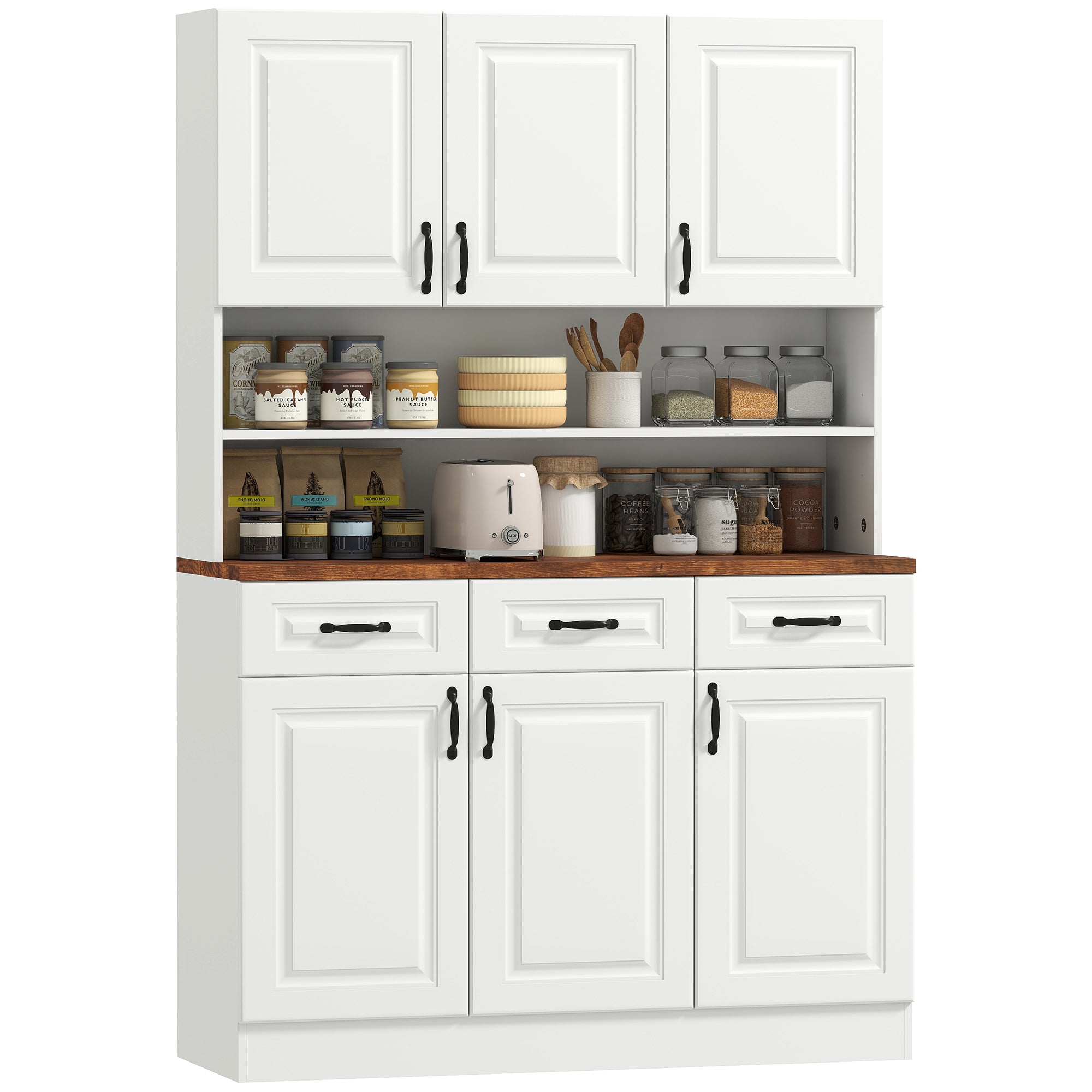 71" Kitchen Pantry Cabinet, Freestanding Farmhouse Storage Cabinet with Wide 2-Tier Microwave Stand Countertop, 3 Drawers, 6 Soft Closing Doors, and Adjustable Shelves, Cable Management, White
