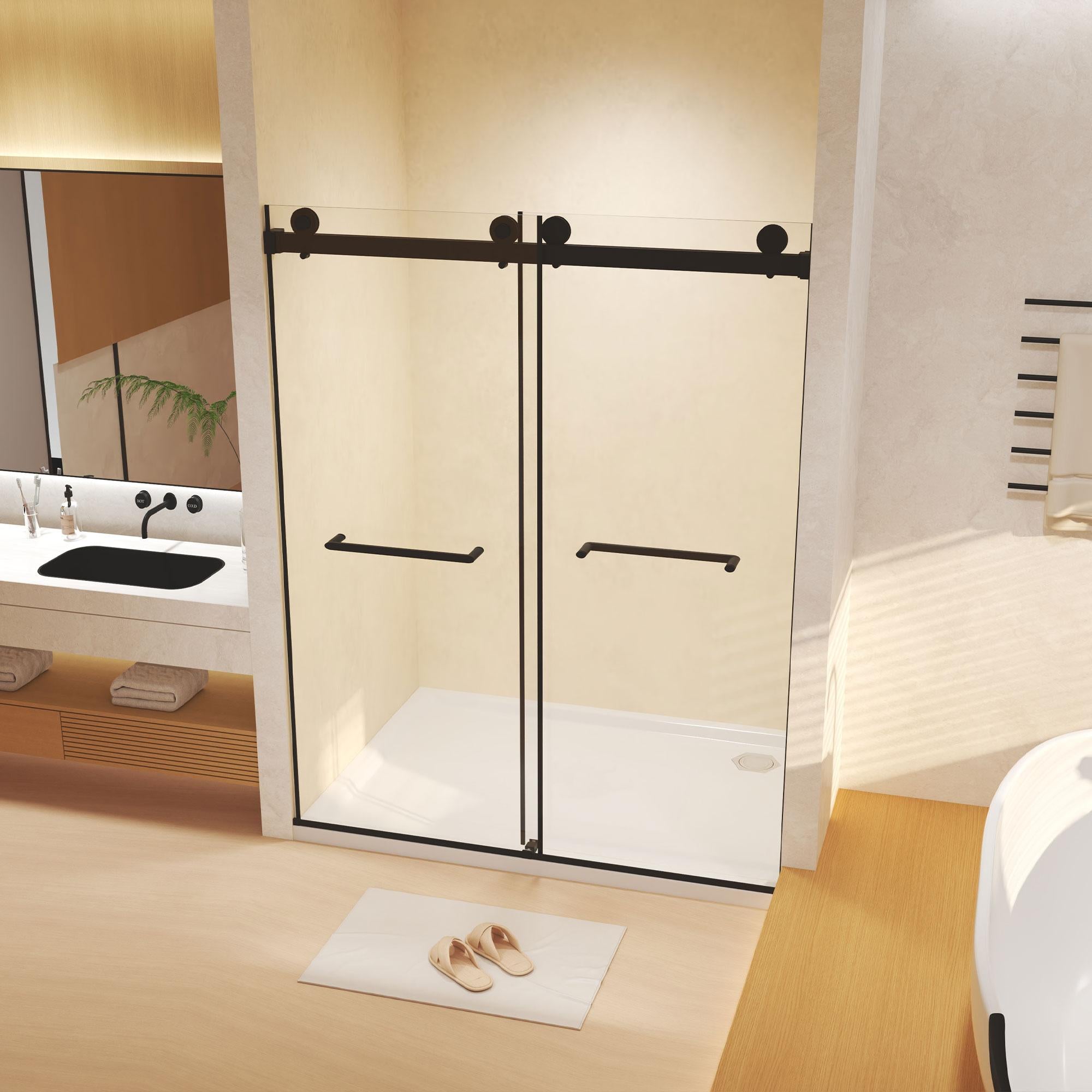 Frameless Double Sliding Shower Door with Silent Rollers, Bathroom Door with Square Tube Track, 60" L x 0.5" W x 74" H, Matte Black