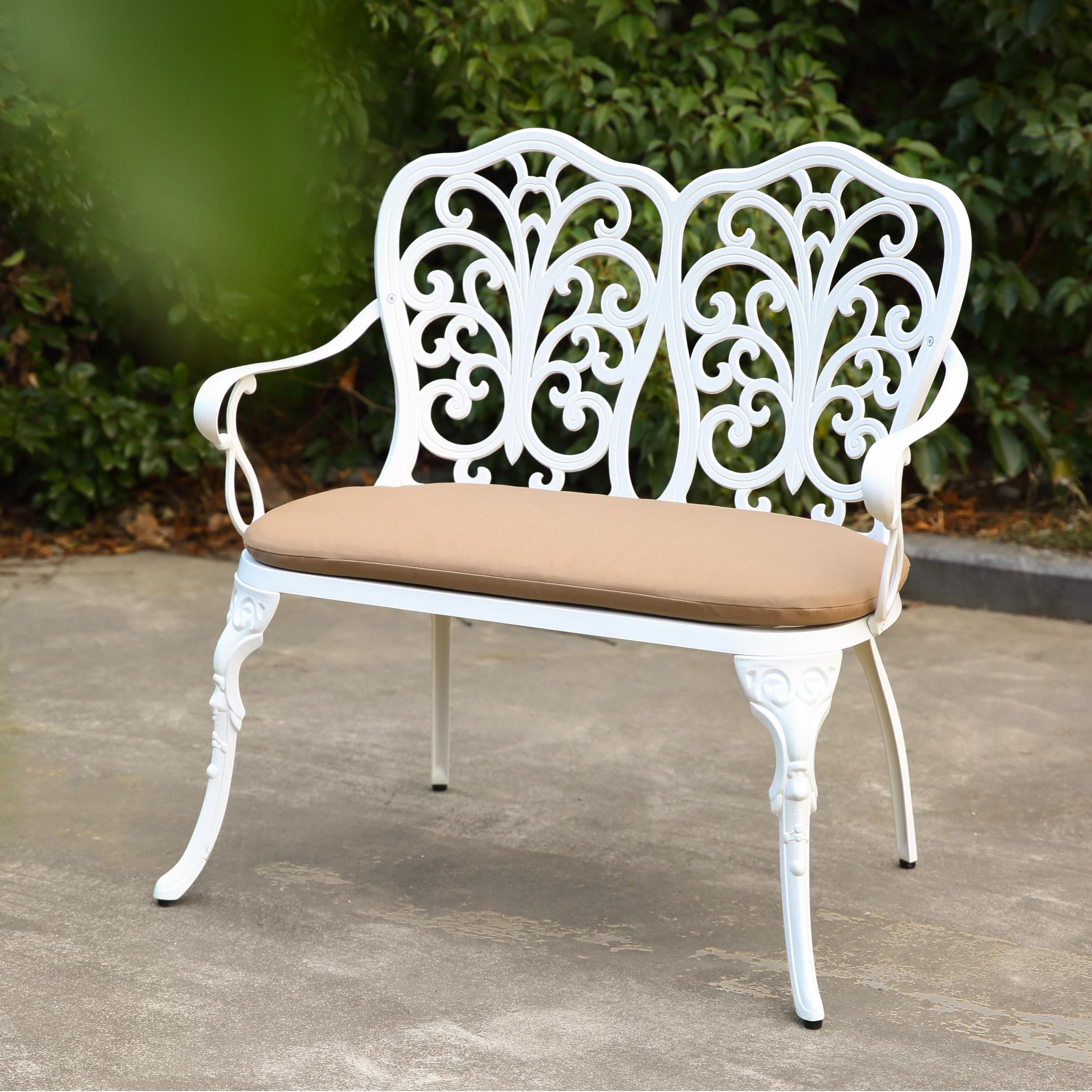 Patio Garden Bench with Floral Rose Design, Seat Cushion, Outdoor Park Bench with Cast Aluminum Frame, 34.5" L x 22.5" W x 34.5" H, White
