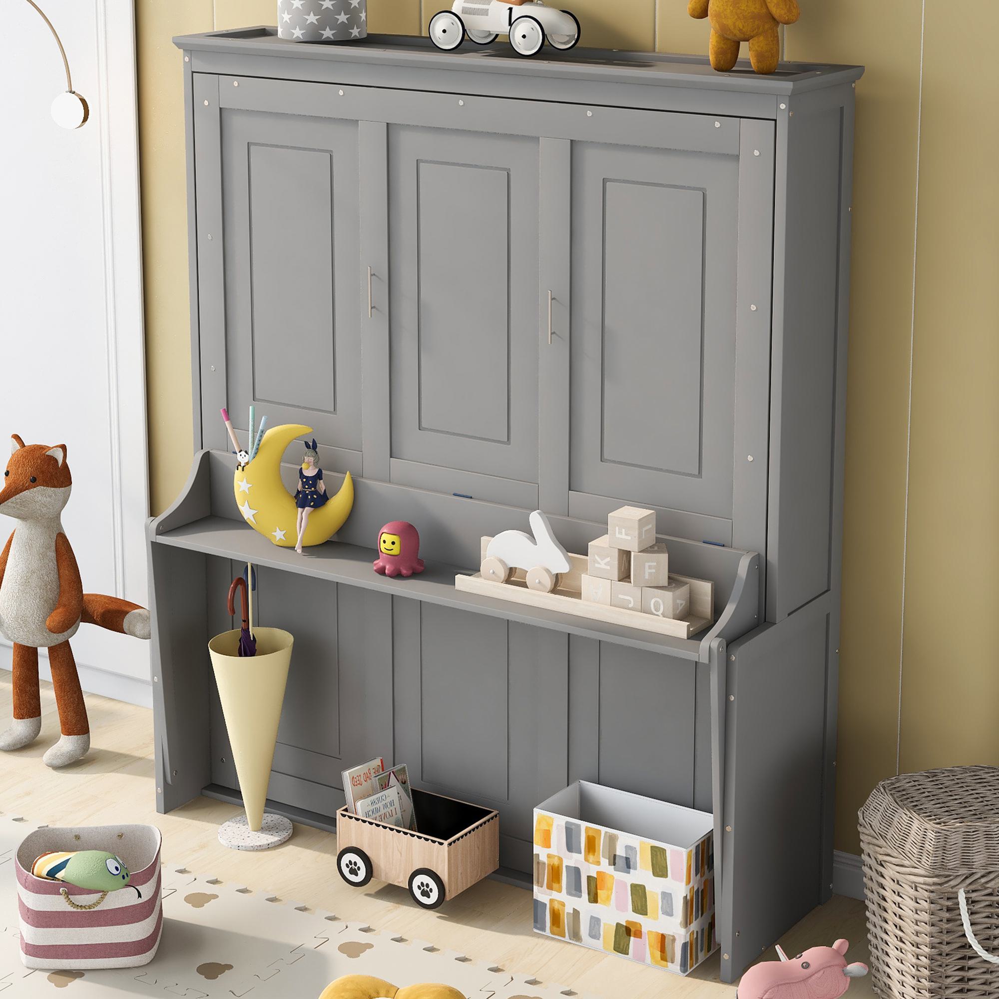 Space-Saving Design Queen Size Murphy Bed with Shelf, Solid Wood and MDF, 86" L x 69.5" W x 87" H, Gray