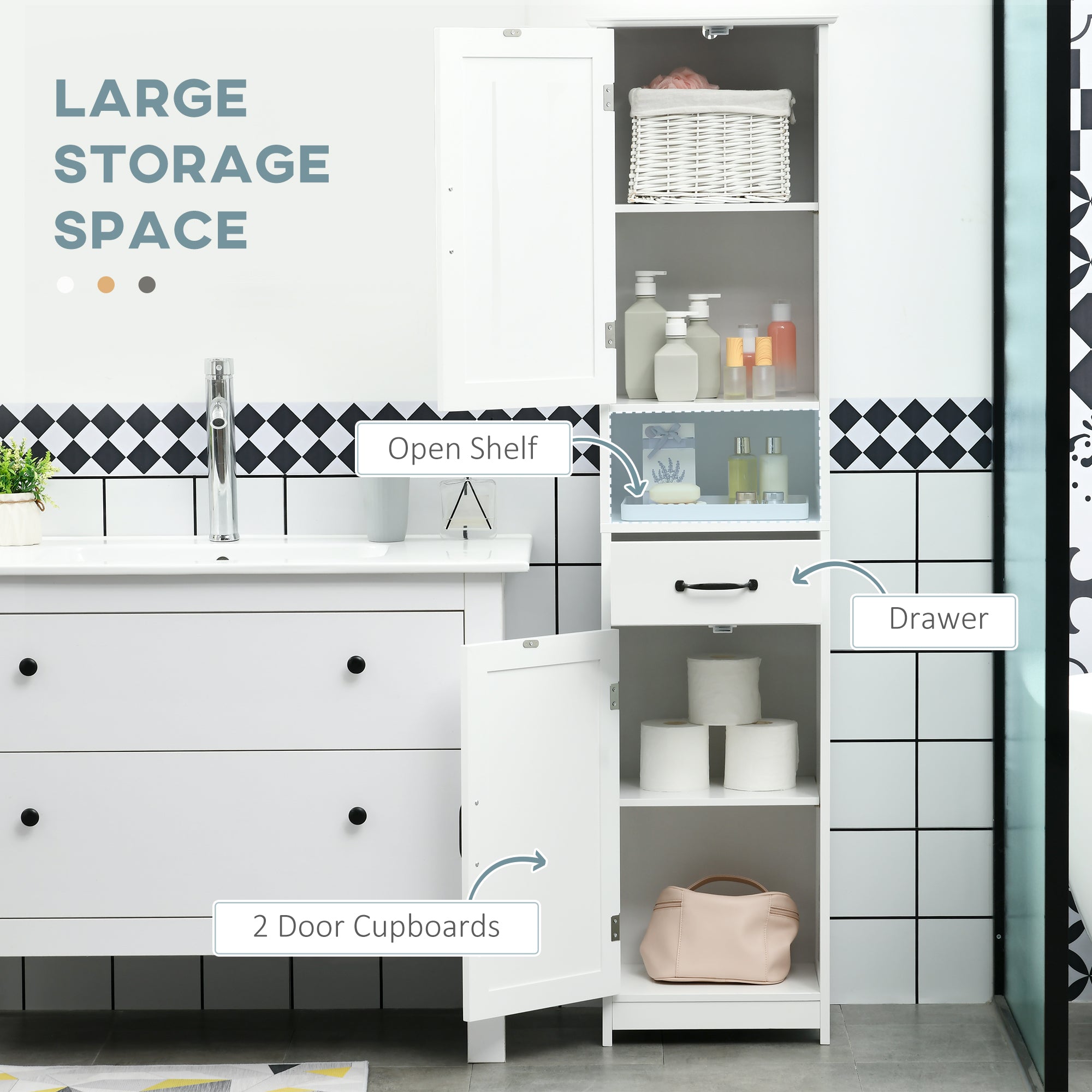 Modern Bathroom Cabinet, Narrow Storage Cabinet with Open Shelf, Drawer, Recessed Doors and Adjustable Shelves, White
