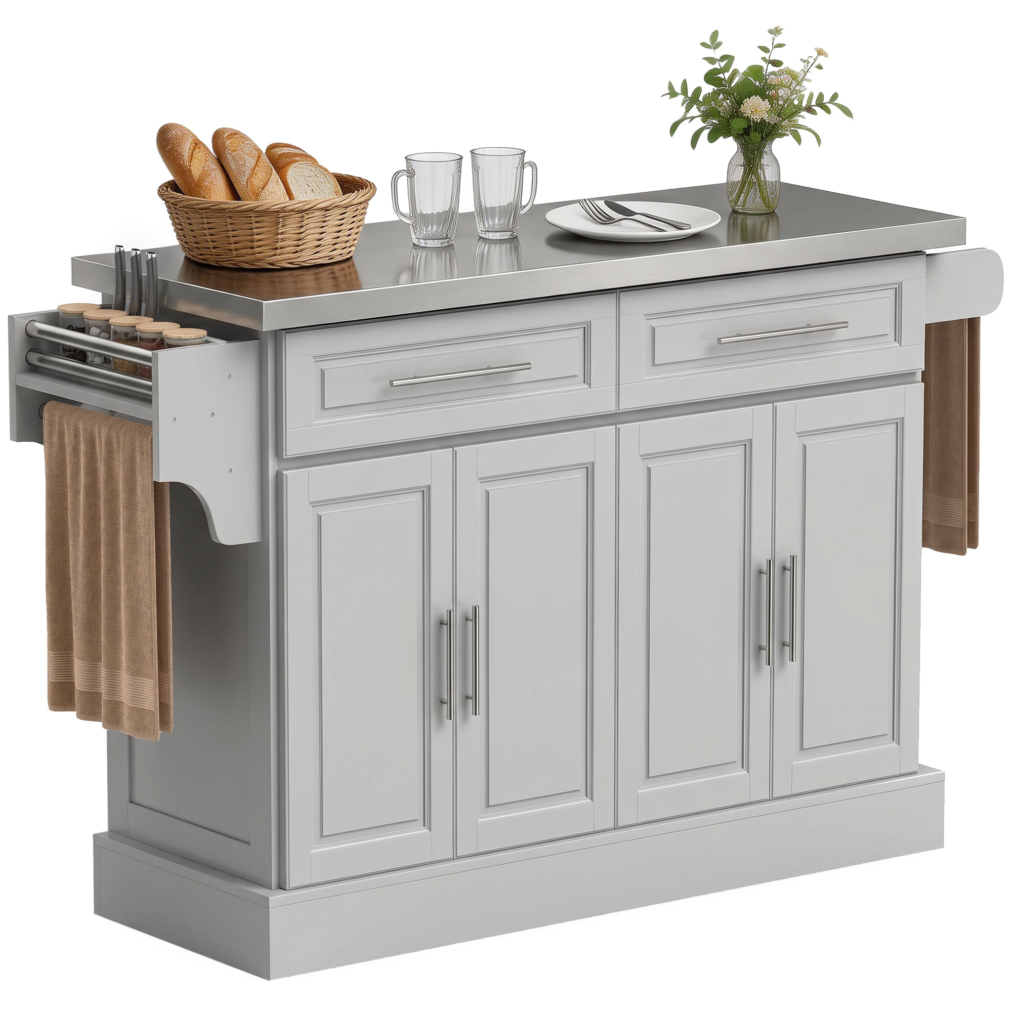 Rolling Kitchen Island Cart with 47" Stainless Steel Top, Portable Island Table for Kitchen with Wheels, Adjustable Shelves, 2 Drawers, Spice, Knife and Towel Rack, Gray