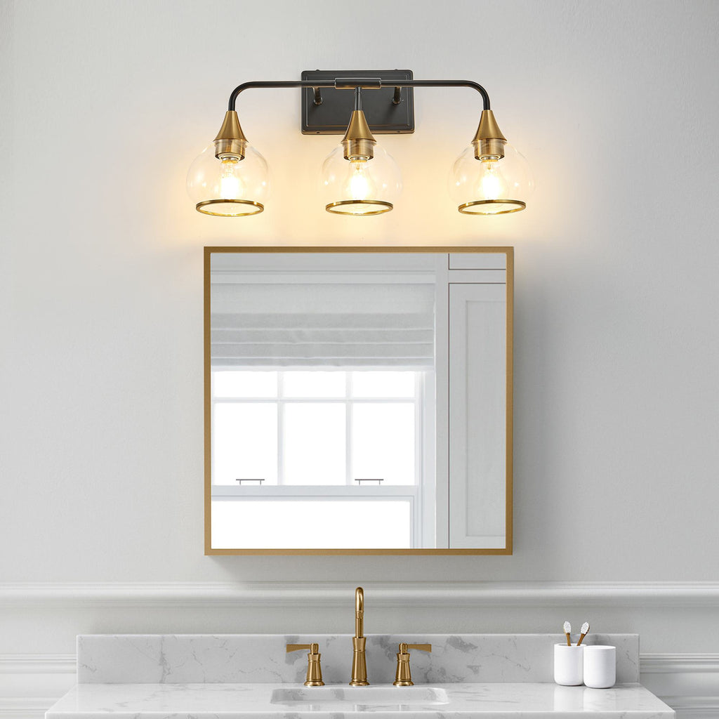 23" Industrial 3-Light Vanity Wall Sconce with Clear Glass Shades, Wall Mounted Lamp for Bathroom, Bedroom, 23" L x 8" W x 11" H, Black+Gold