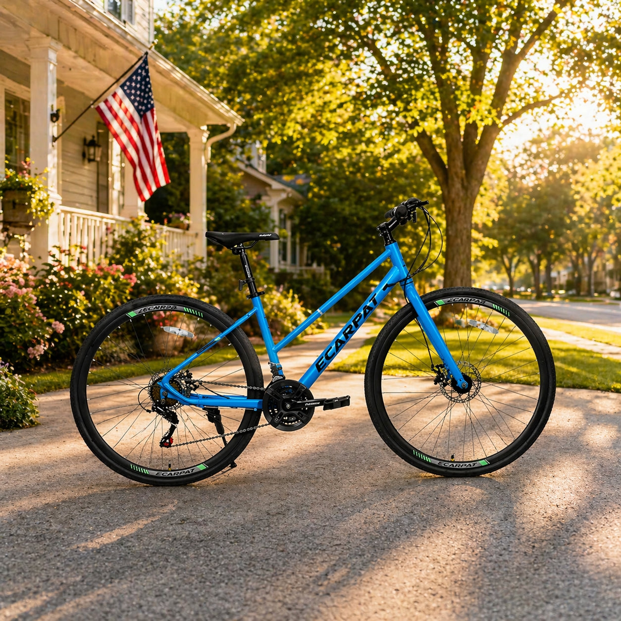 21-Speed 700C Wheels Hybrid Road Bike for Adults, Steel Frame with Dual-Disc Brakes, 85% Pre-Assembled, 68" L x 27.5" W x 37.5" H, Black+Blue