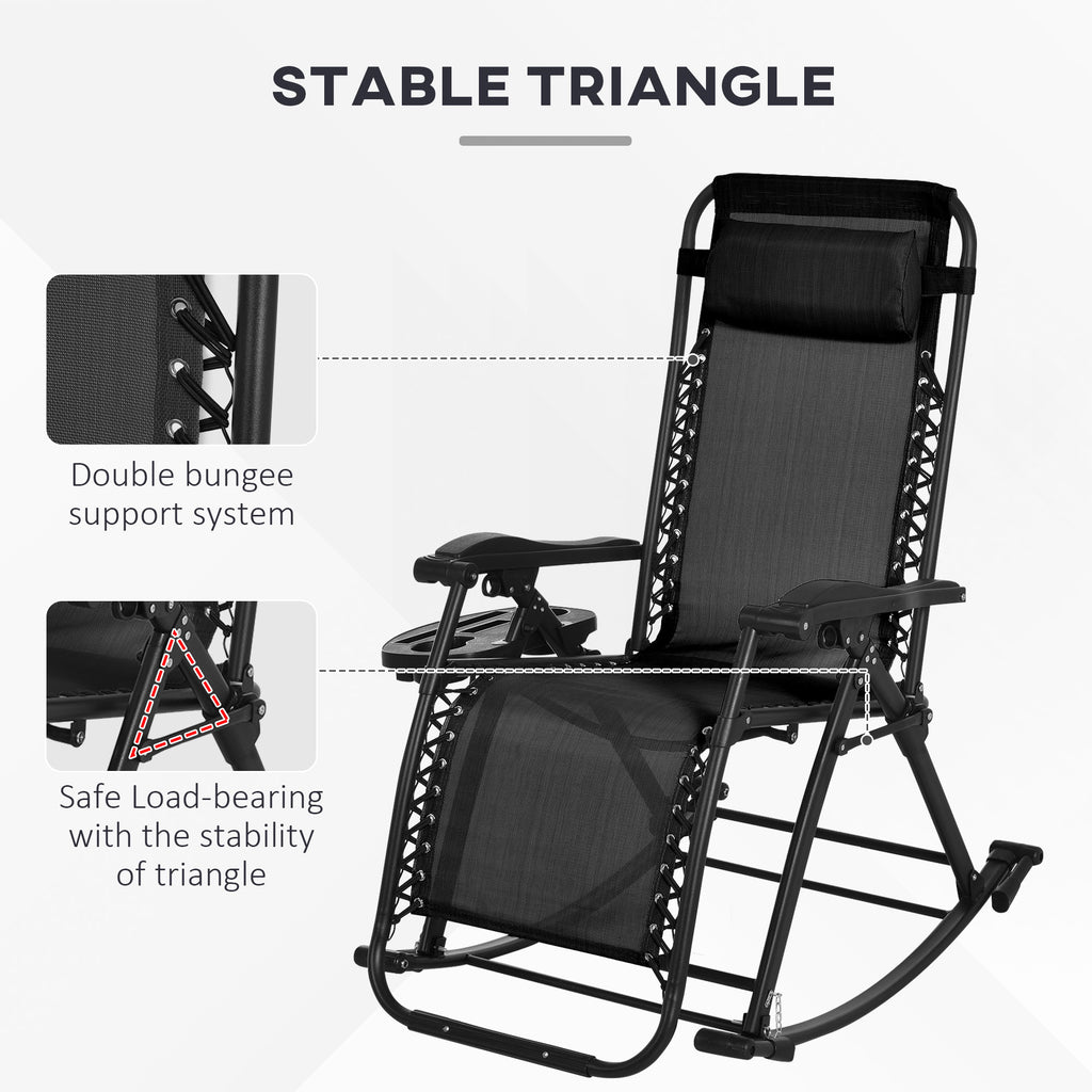 2 Outdoor Rocking Chairs Foldable Reclining Zero Gravity Lounge Rockers w/ Pillow Cup & Phone Holder, Black