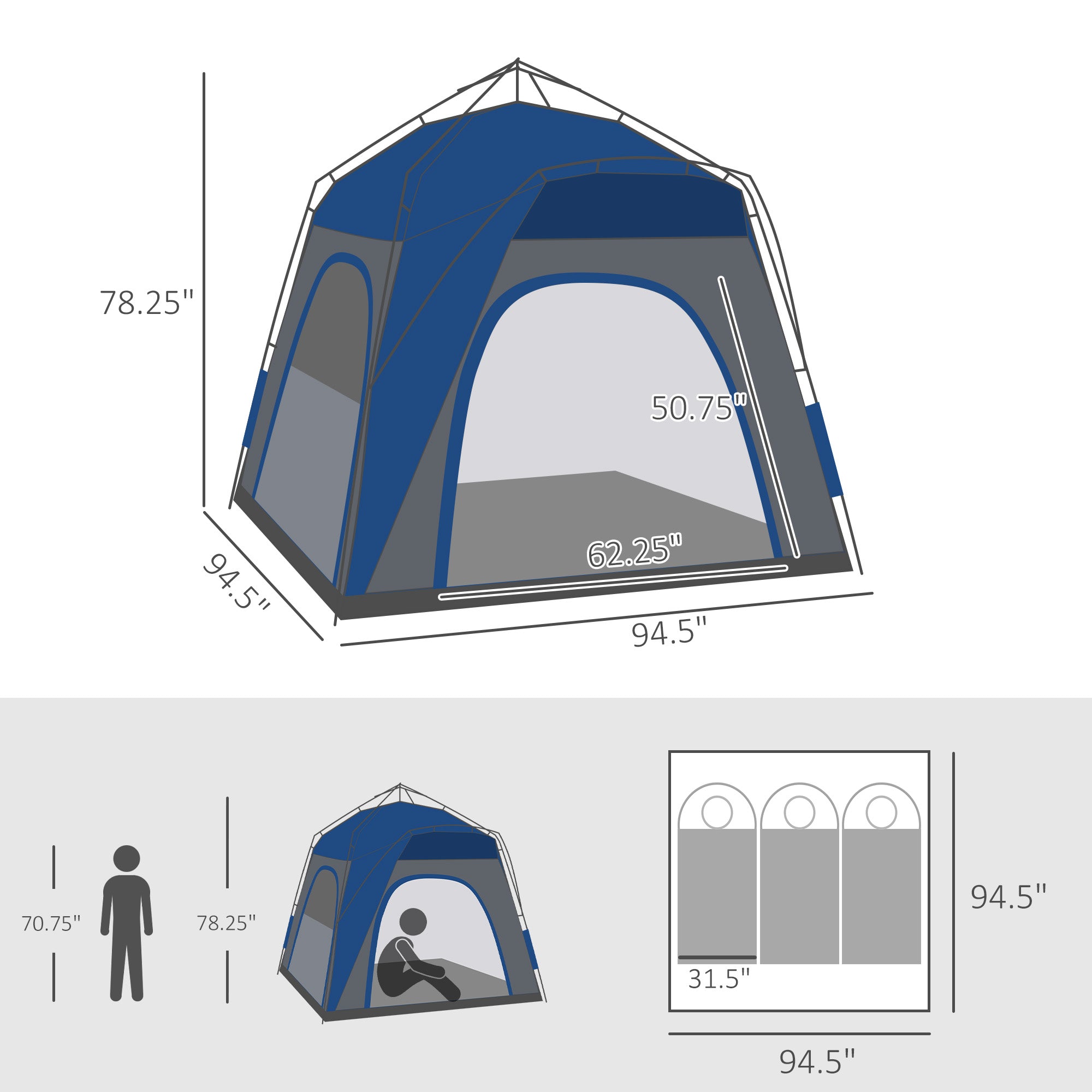 3 Person Pop Up Camping Tent Quick Setup Automatic Hydraulic Family Travel Tent w/ Windows Doors Carry Bag, Blue