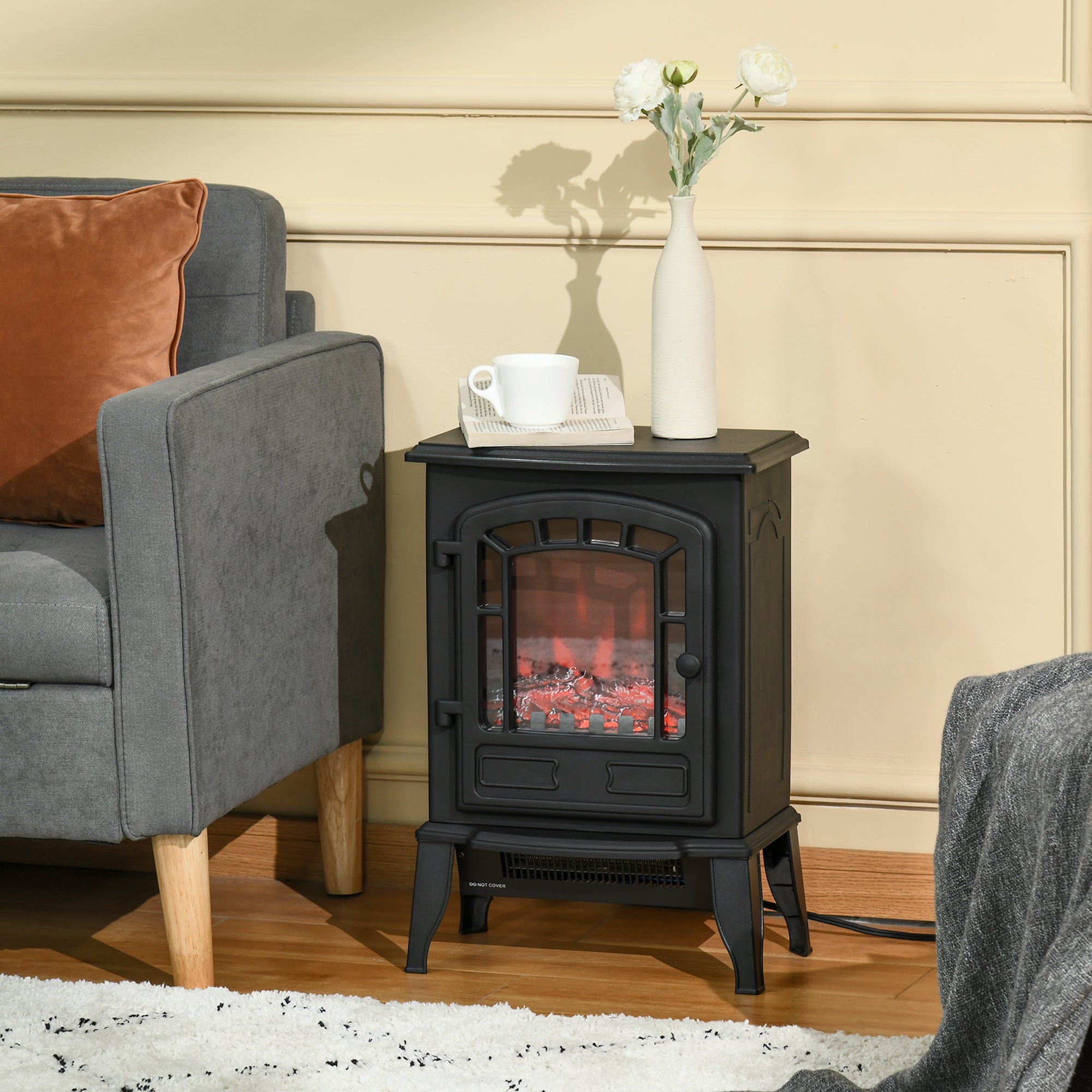 Electric Fireplace Heater, Freestanding Fireplace Stove with Realistic Flame Effect Overheat Protection 750W/1500W Black