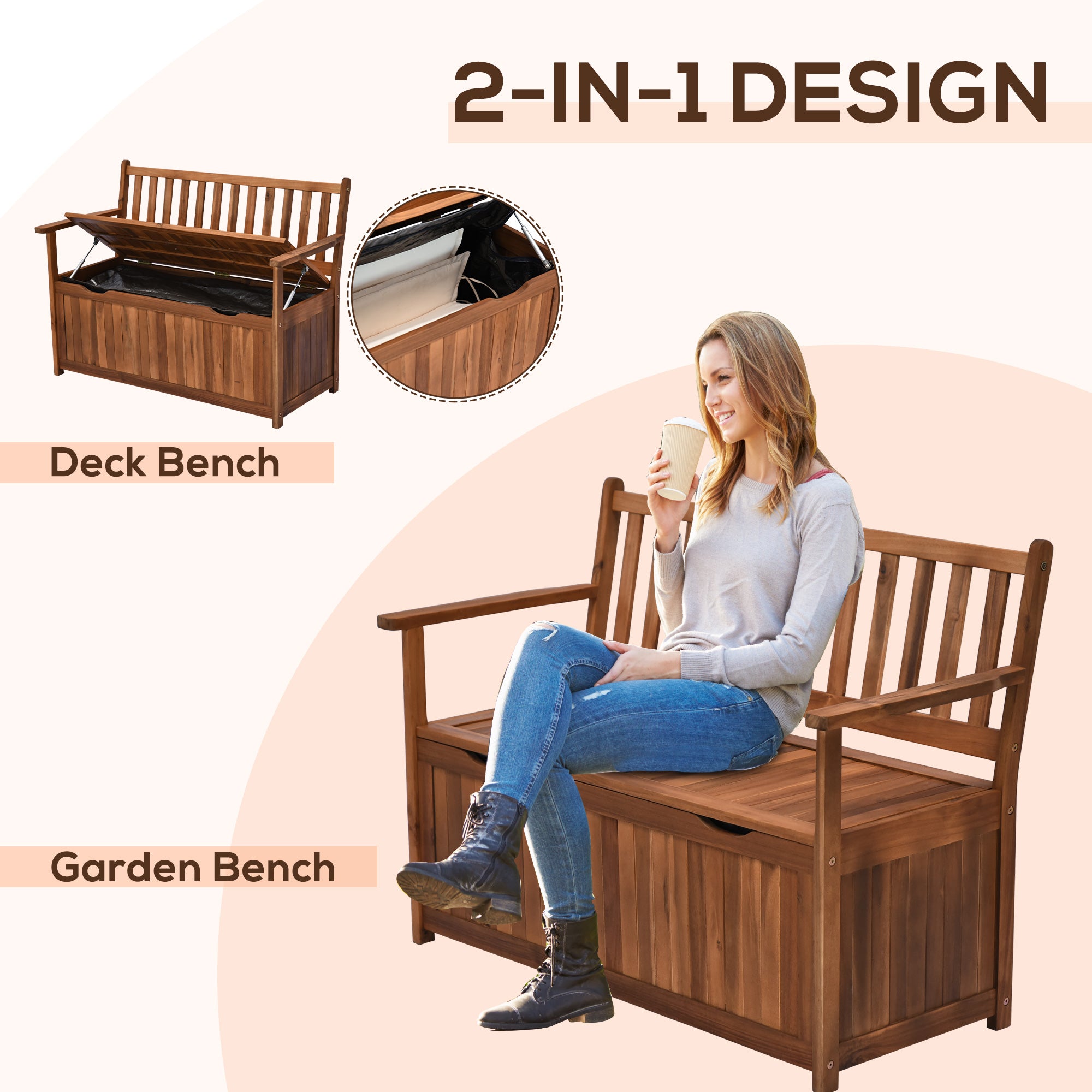 41 Gallon Outdoor Storage Bench, Wooden Deck Box with Inner Waterproof PE Lining, 2-Seat Container for Patio Garden Balcony Yard Store Garden Tools, Teak