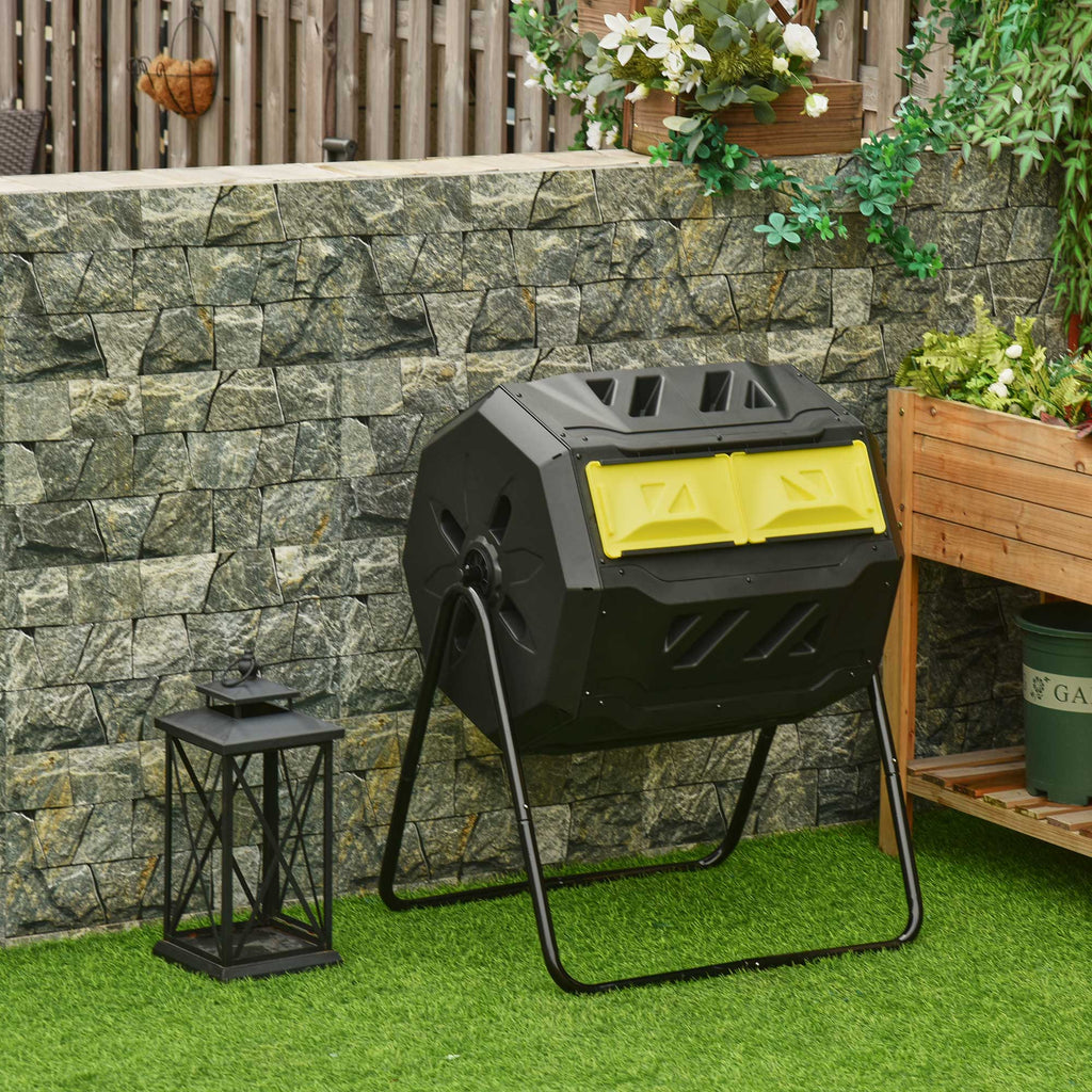 Tumbling Compost Bin Outdoor 360° Dual Chamber Rotating Composter 43 Gallon, Yellow