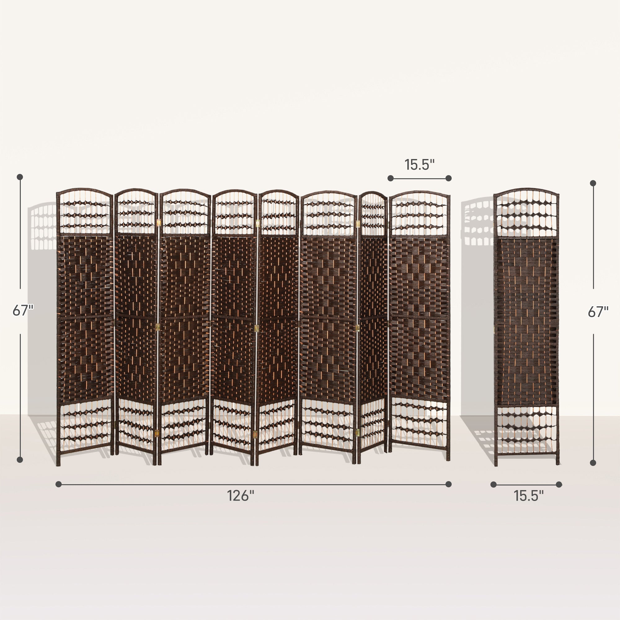 8 Panel Folding Room Divider Portable Privacy Screen Wave Fiber Room Partition for Home Office Brown