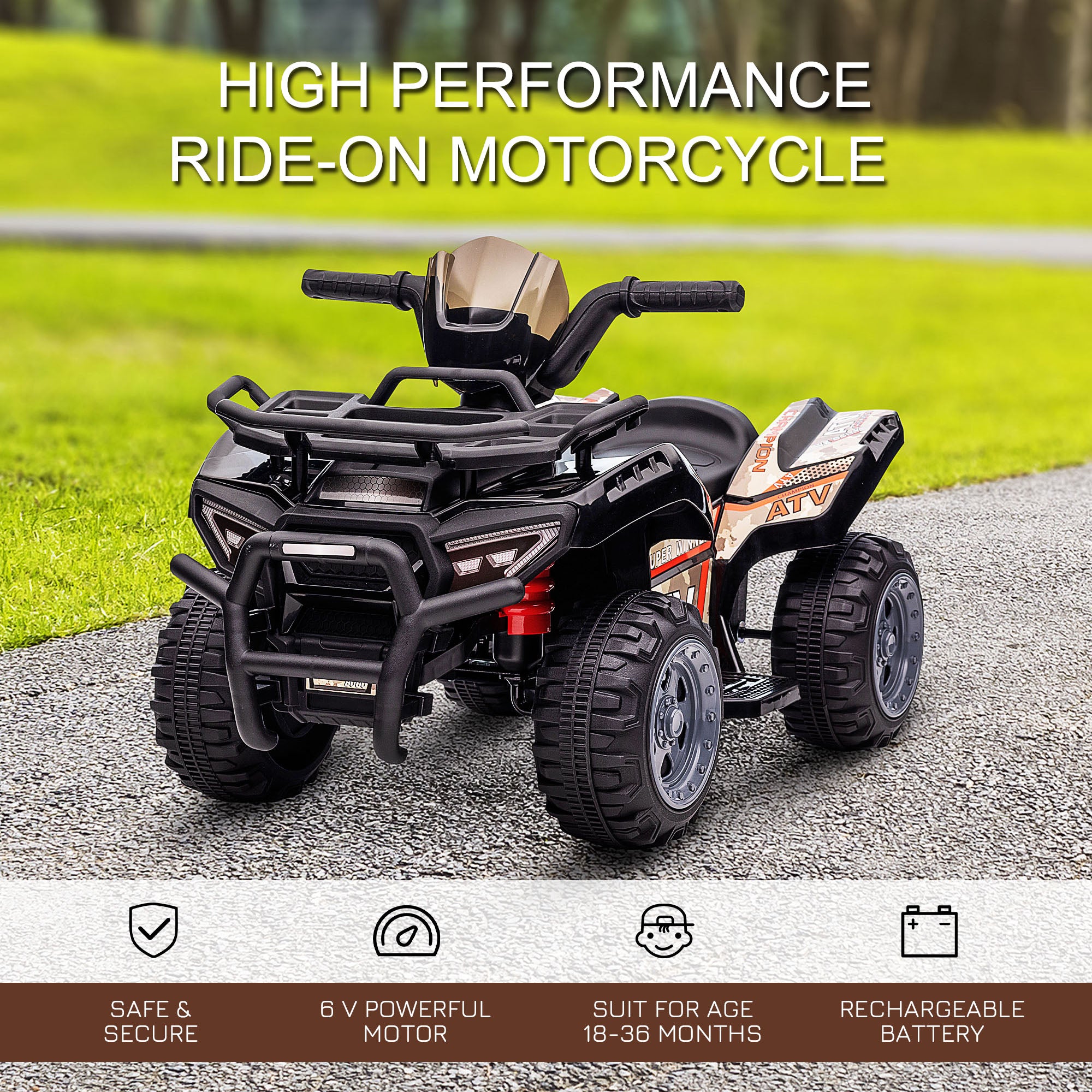 Kids ATV Four Wheeler Ride on Car, Motorized Quad, 6V Battery Powered Electric Quad with Songs for 18-36 Months, Black