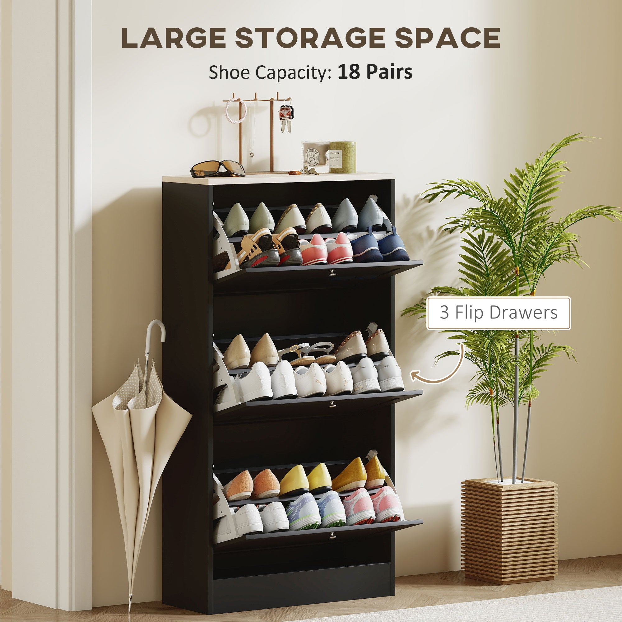 Modern Shoe Storage Cabinet with 3 Flip Drawers and Adjustable Shelves for 12-18 Pairs of Shoes, Black