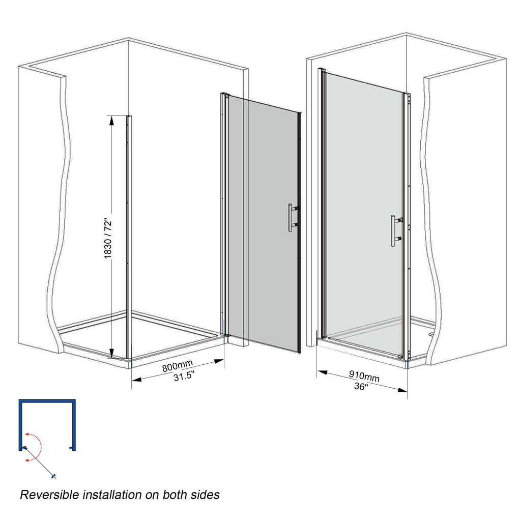 36” Pivot Shower Door with Explosion-Proof Film and Tempered Glass, Bathroom Door with Stainless Steel Handle, 36" L x 0.5" W x 72" H, Chrome