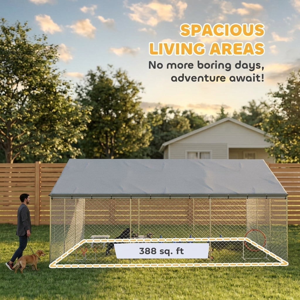 Heavy Duty Outdoor Dog Kennel with Waterproof Roof, Secure Latch, Chain Link Dog Run for Backyard, 19.7' x 19.7' x 8.9'