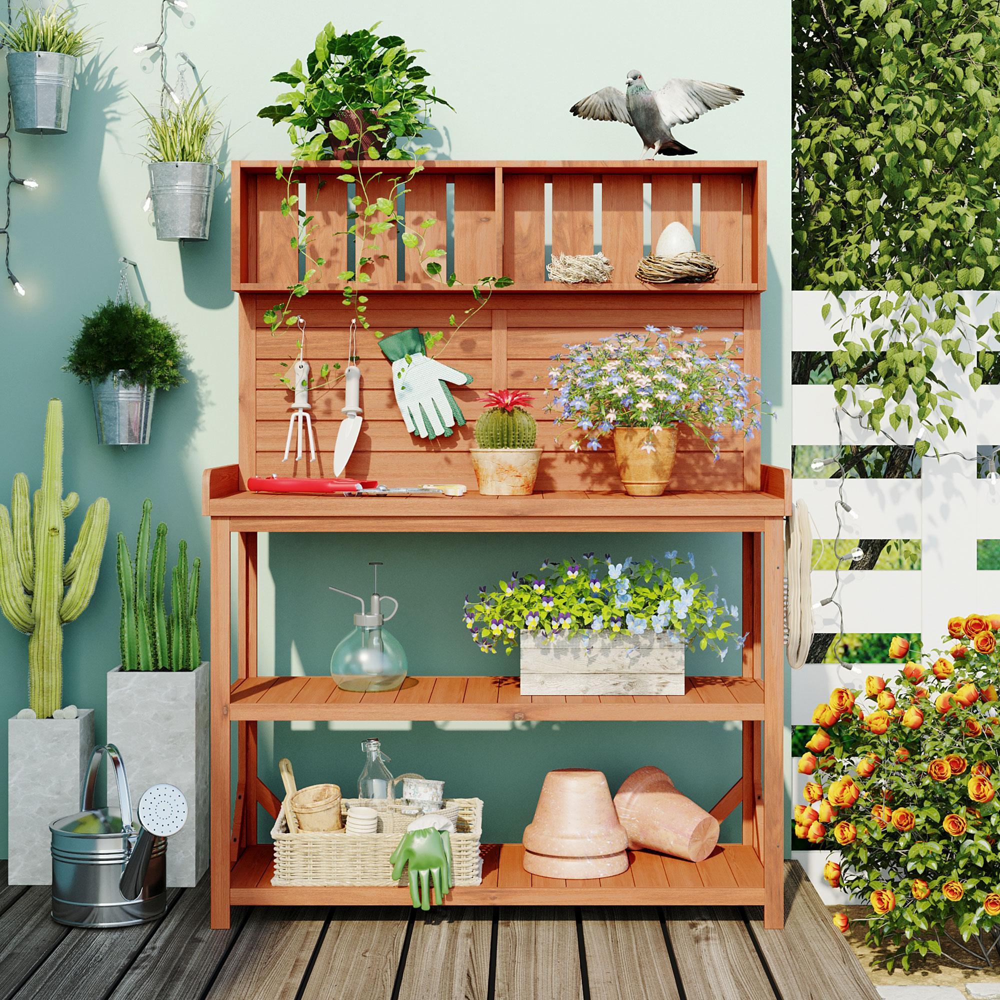 Rustic Wooden Potting Bench with 4 Storage Shelf & Side Hook, Outdoor Garden Workstation for Patio, 47'' L x 19.5'' W x 65'' H, Natural