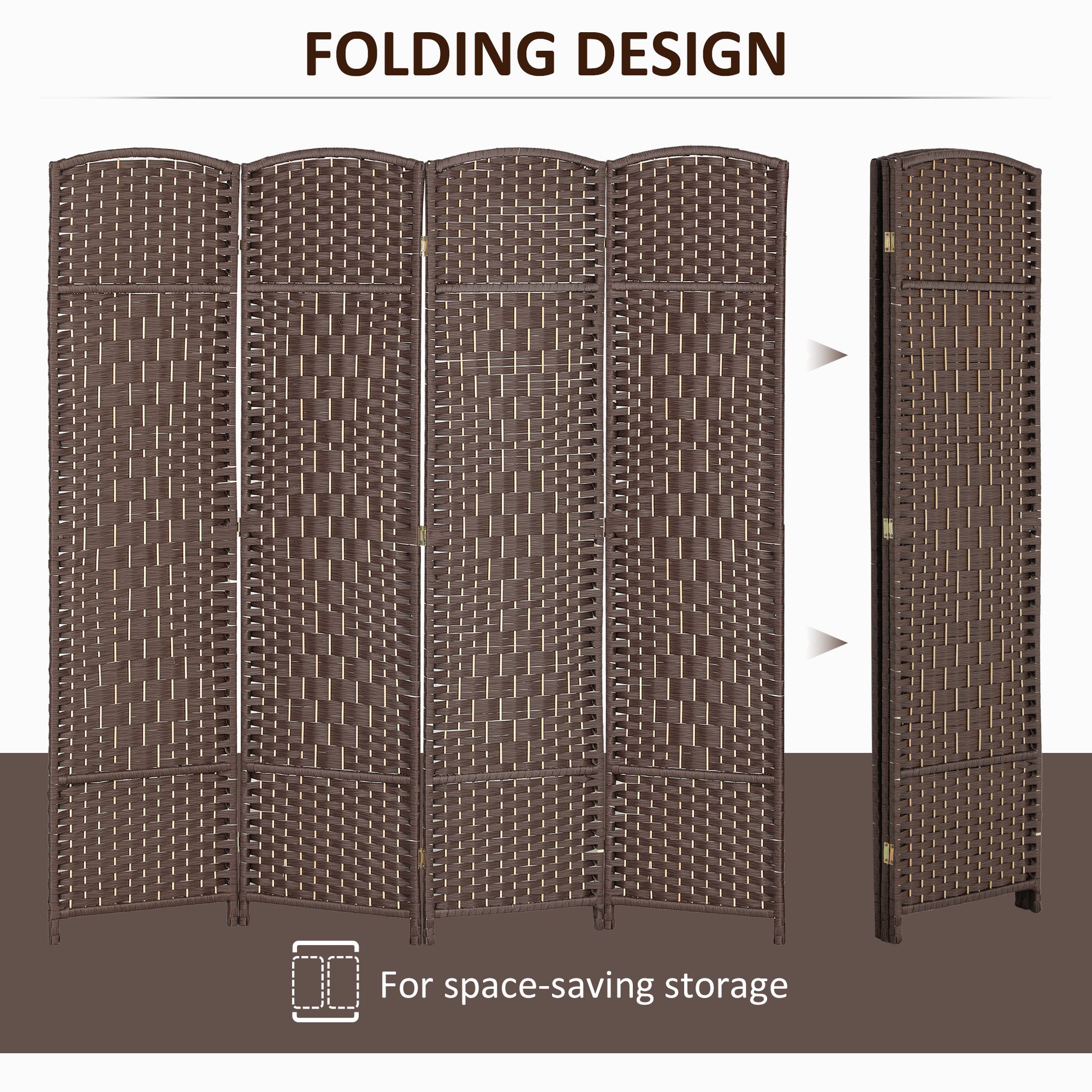 Folding Room Divider Screen 4 Panel 6' Tall Privacy Screen Freestanding Wood Partition for Home Office, Brown
