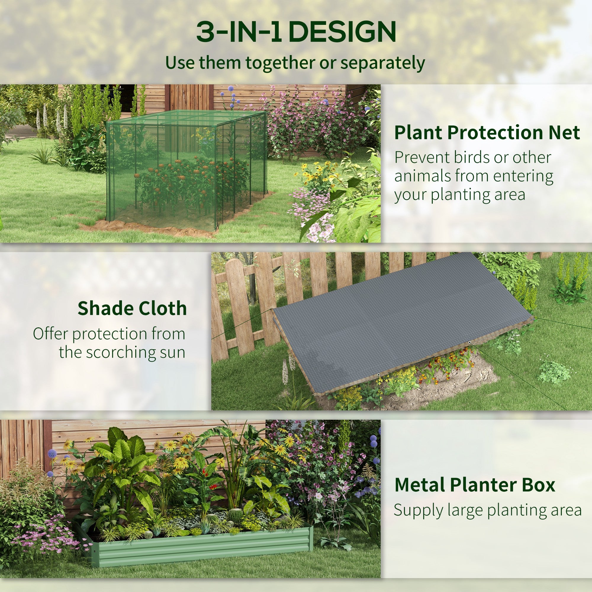 Galvanized Steel Planter Box with Crop Cage and Shade Cloth, Raised Garden Bed for Flowers, Veggies and Herbs, Green