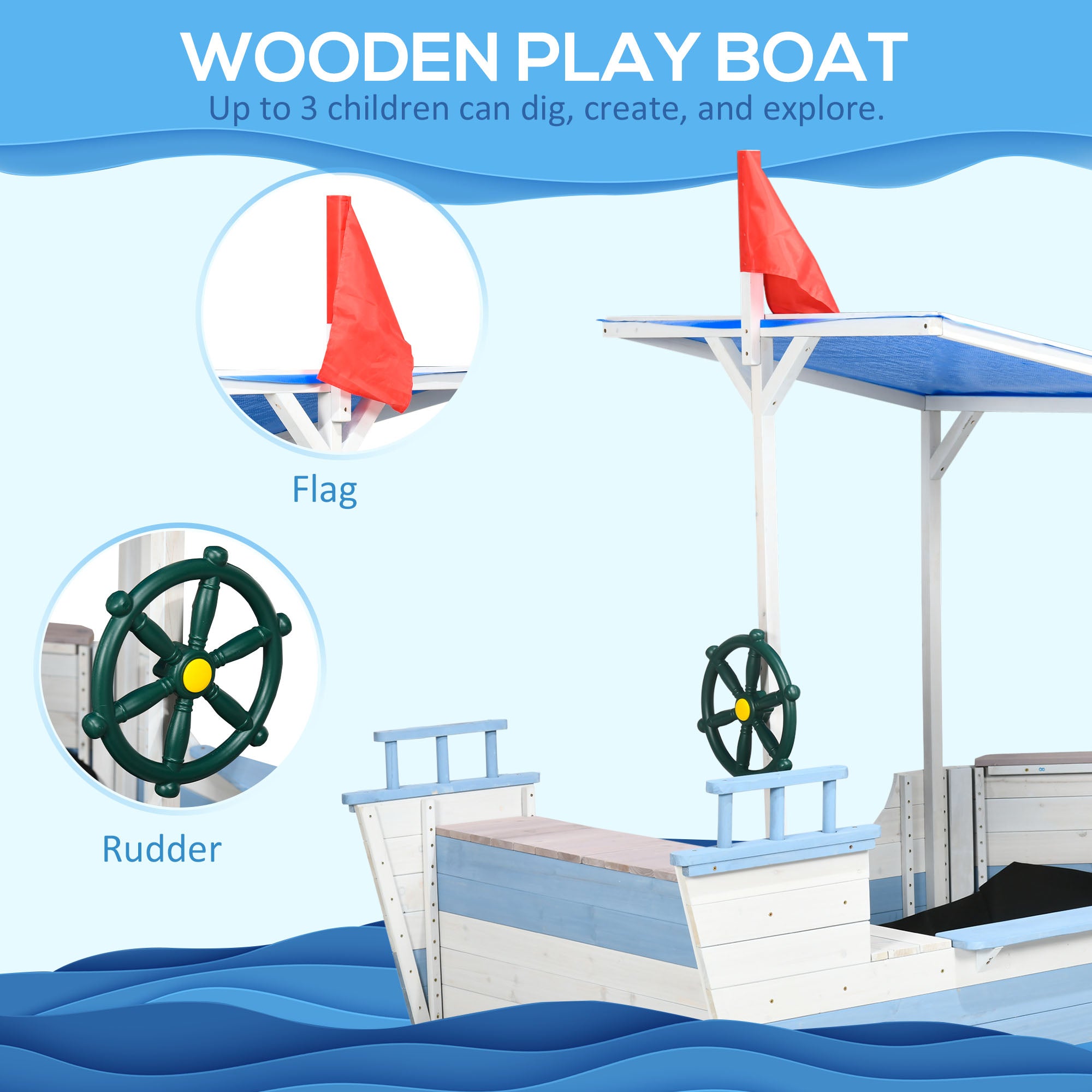 Kids Sandbox with Canopy, Pirate Ship Wooden Sand Boxes with Bench for Backyard, Sand Pit for Toddlers, 83" x 43", Blue