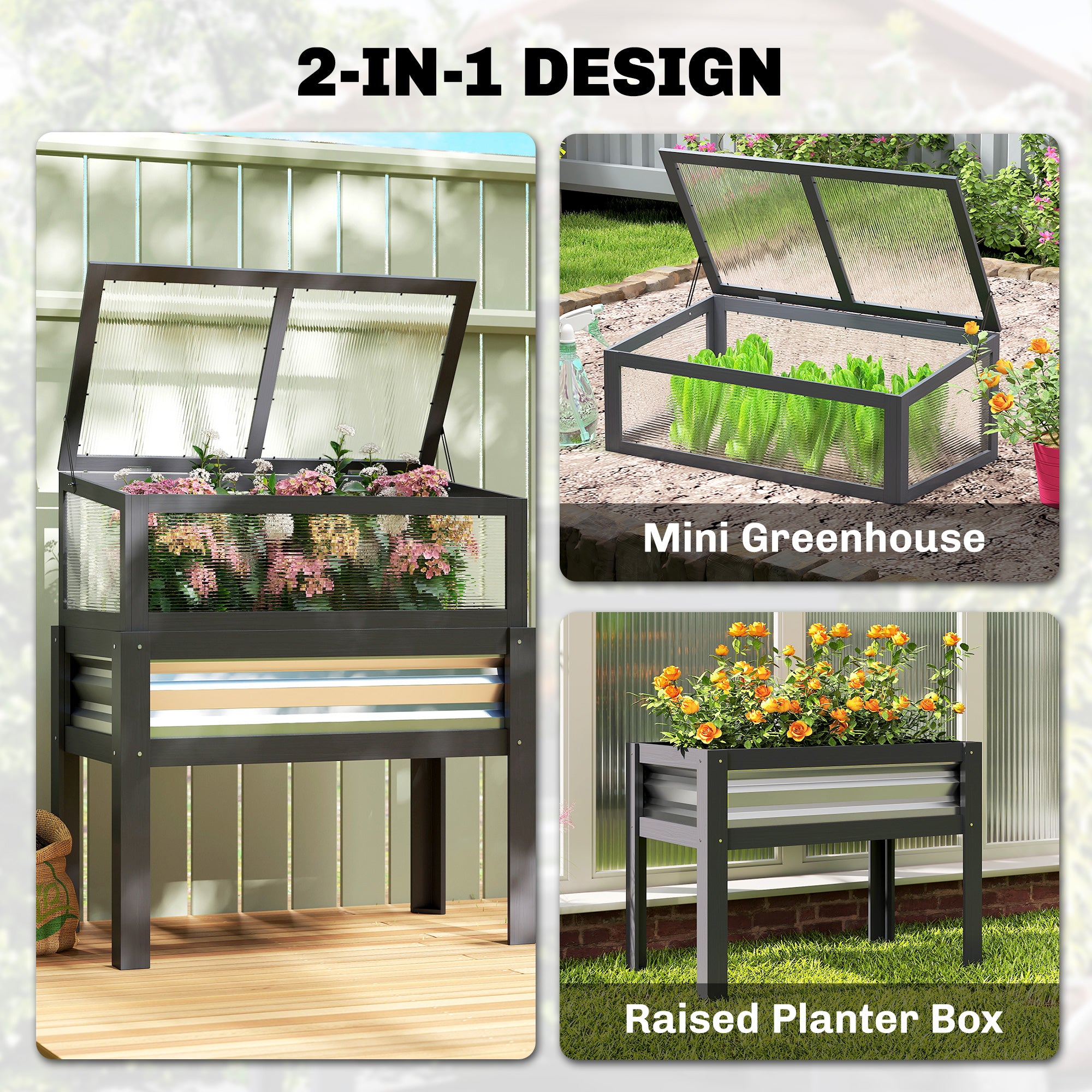 Raised Garden Bed with Flip-Up Mini Greenhouse, Elevated Planter Box with Legs and Bed Liner for Flowers, Vegetables
