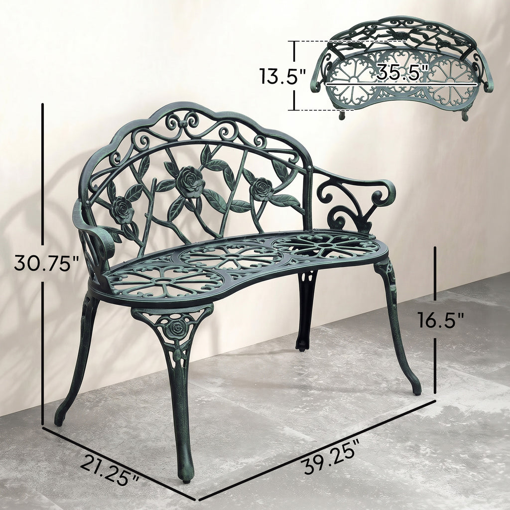 Outdoor Bench, Cast Aluminum Outdoor Furniture, Metal Bench with Floral Rose Accent & Antique Finish, Green