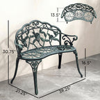 Outdoor Bench, Cast Aluminum Outdoor Furniture, Metal Bench with Floral Rose Accent & Antique Finish, Green