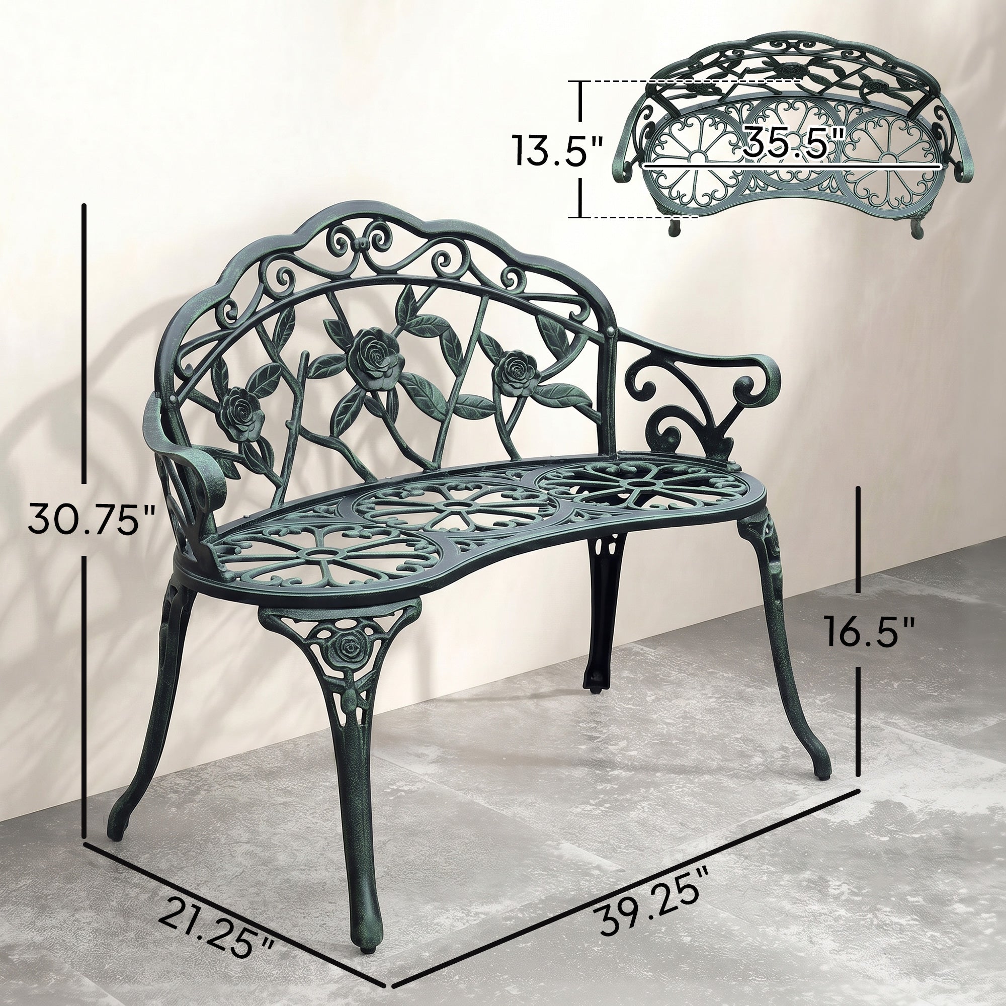 Outdoor Bench, Cast Aluminum Outdoor Furniture, Metal Bench with Floral Rose Accent & Antique Finish, Green