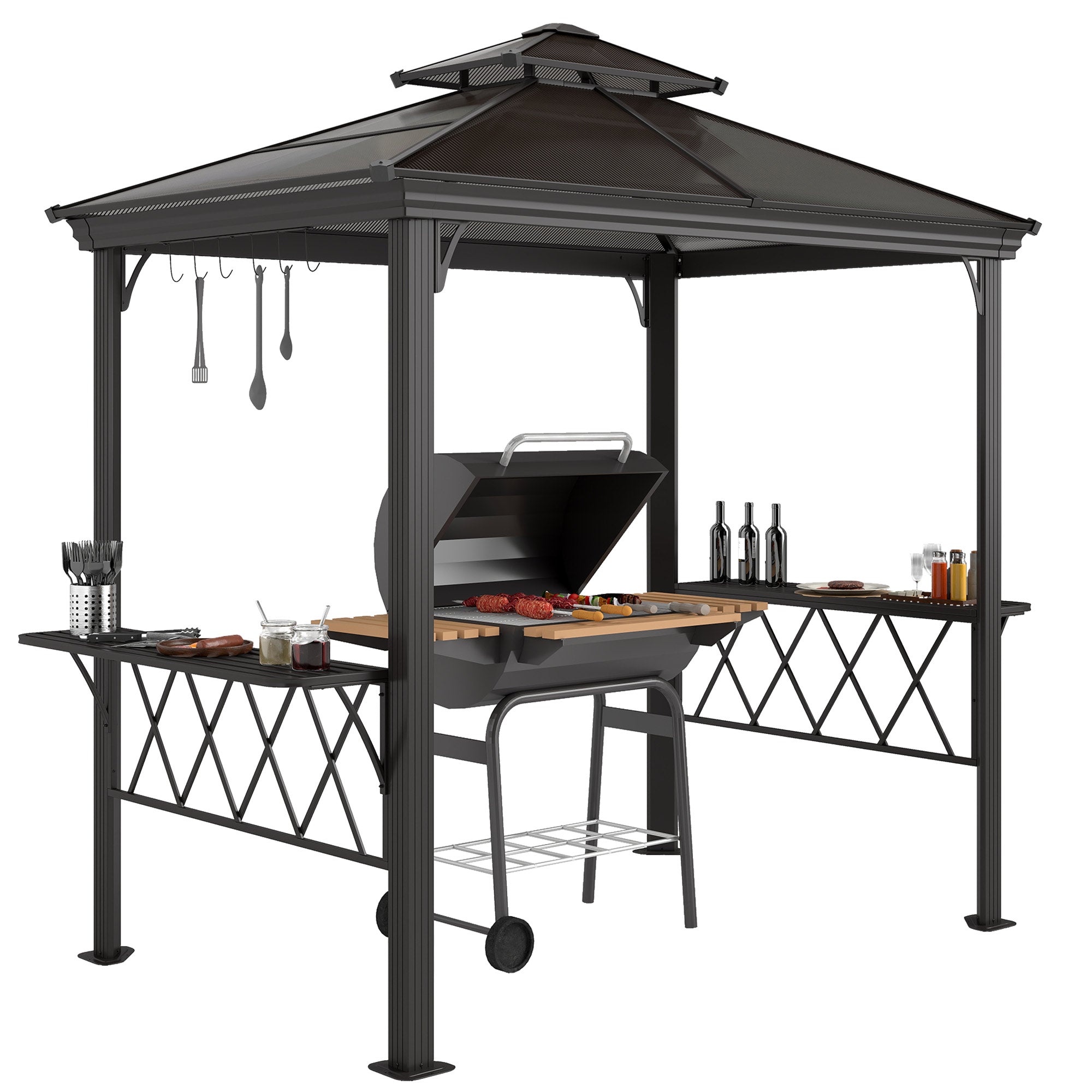 Outside Porch BBQ Cooking Pergola Canopy with 6 Hooks for Utensils and Double Venting Roof, Coffee