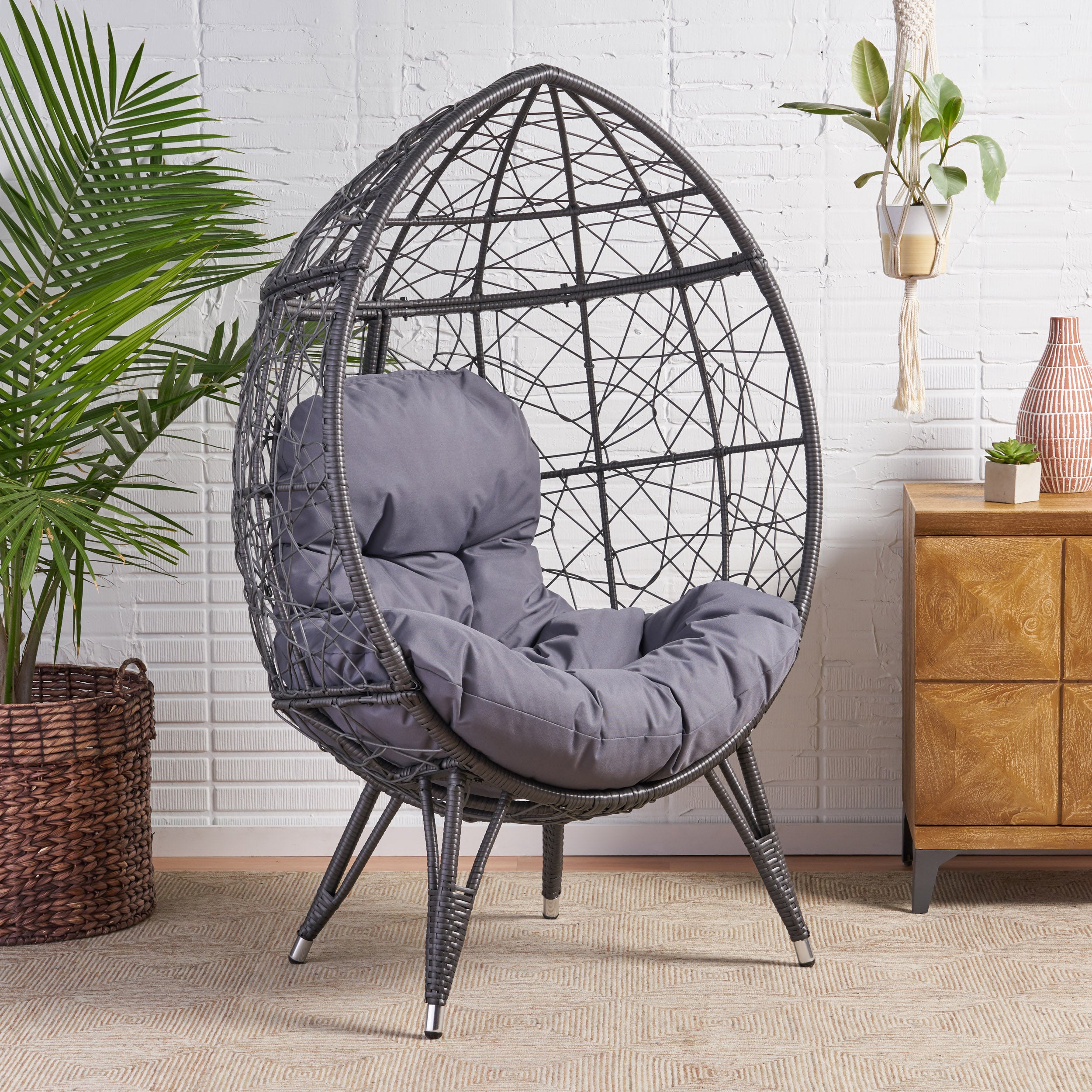 Outdoor Wicker Teardrop Chair with Water-Resistant Cushions, Faux Rattan Iron Frame, Handcrafted Detailing, 38.5" L x 30.75" W x 57.25" H, Gray