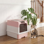 Cat Litter Box Hooded Cat Litter Tray with Drawer Pan Front Entry & Top Exit Easy Cleaning Pink