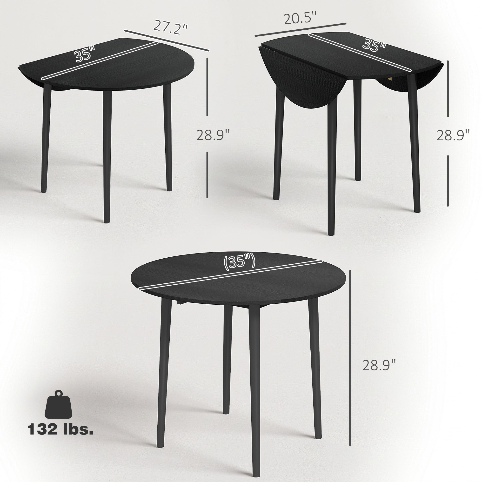 Folding Dining Table, Round Drop Leaf Kitchen Table for Small Spaces with Wood Legs, Black