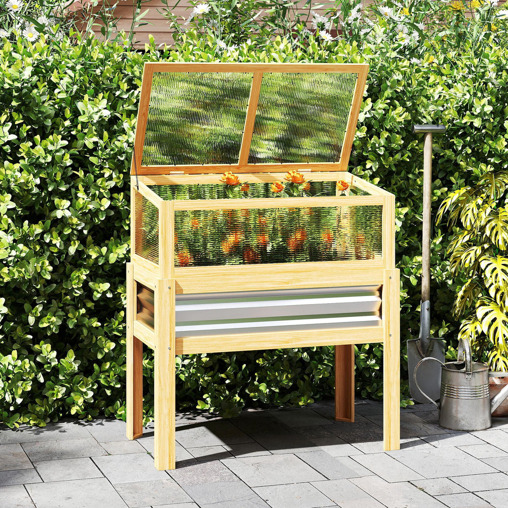 Raised Garden Bed with Mini Greenhouse, Elevated Planter Box with Legs and Bed Liner for Flowers, Vegetables