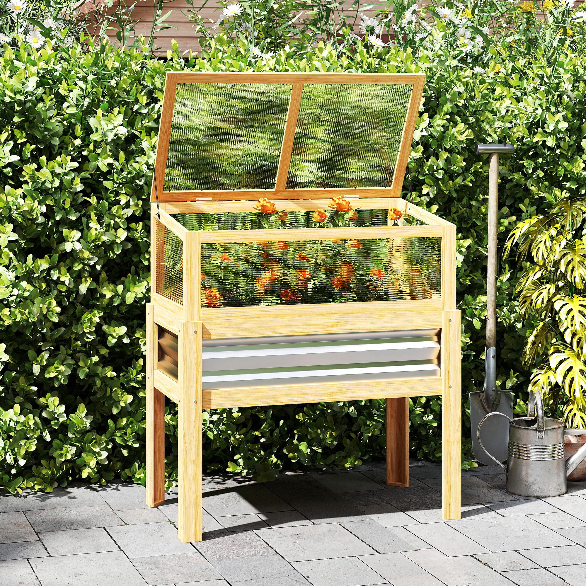 Raised Garden Bed with Mini Greenhouse, Elevated Planter Box with Legs and Bed Liner for Flowers, Vegetables