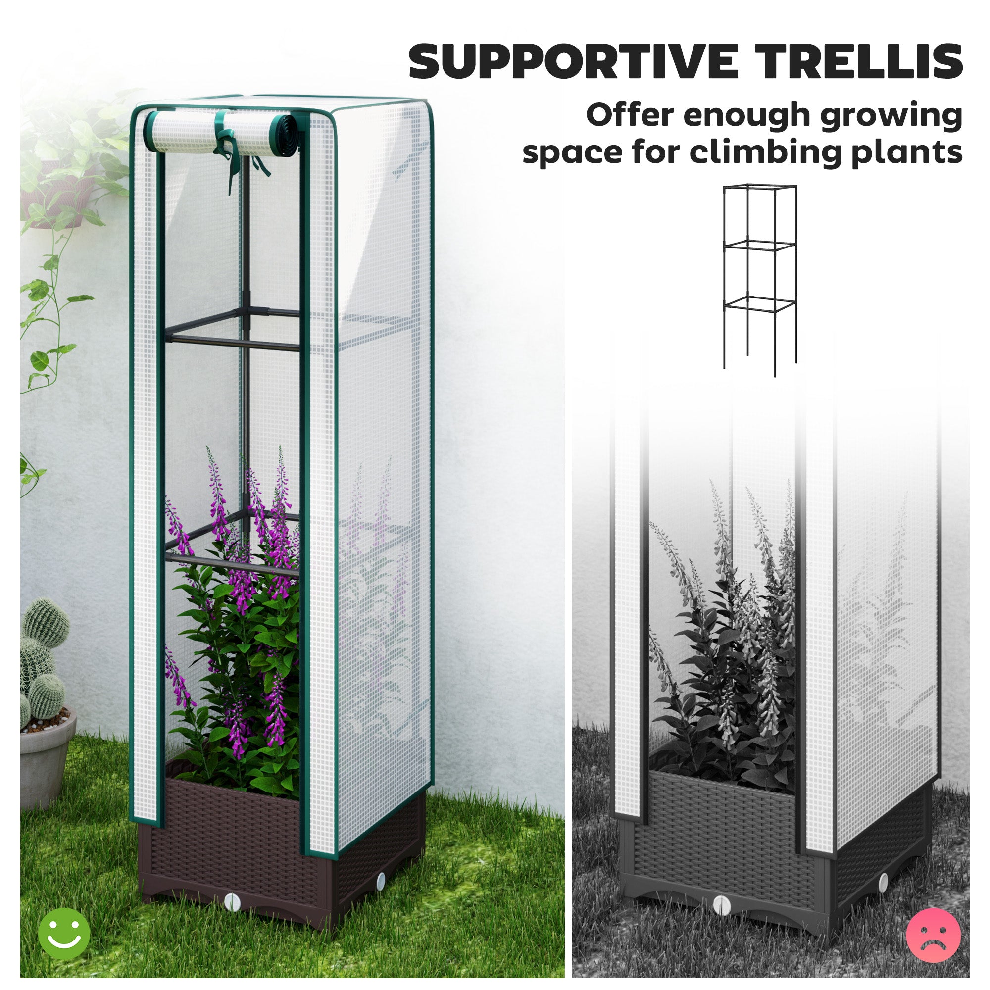 Garden Bed with Trellis, Outdoor Plant Box with PE Cover, Drainage Holes and Zipper Door, 15.7" x 15.7" x 48.8", Brown