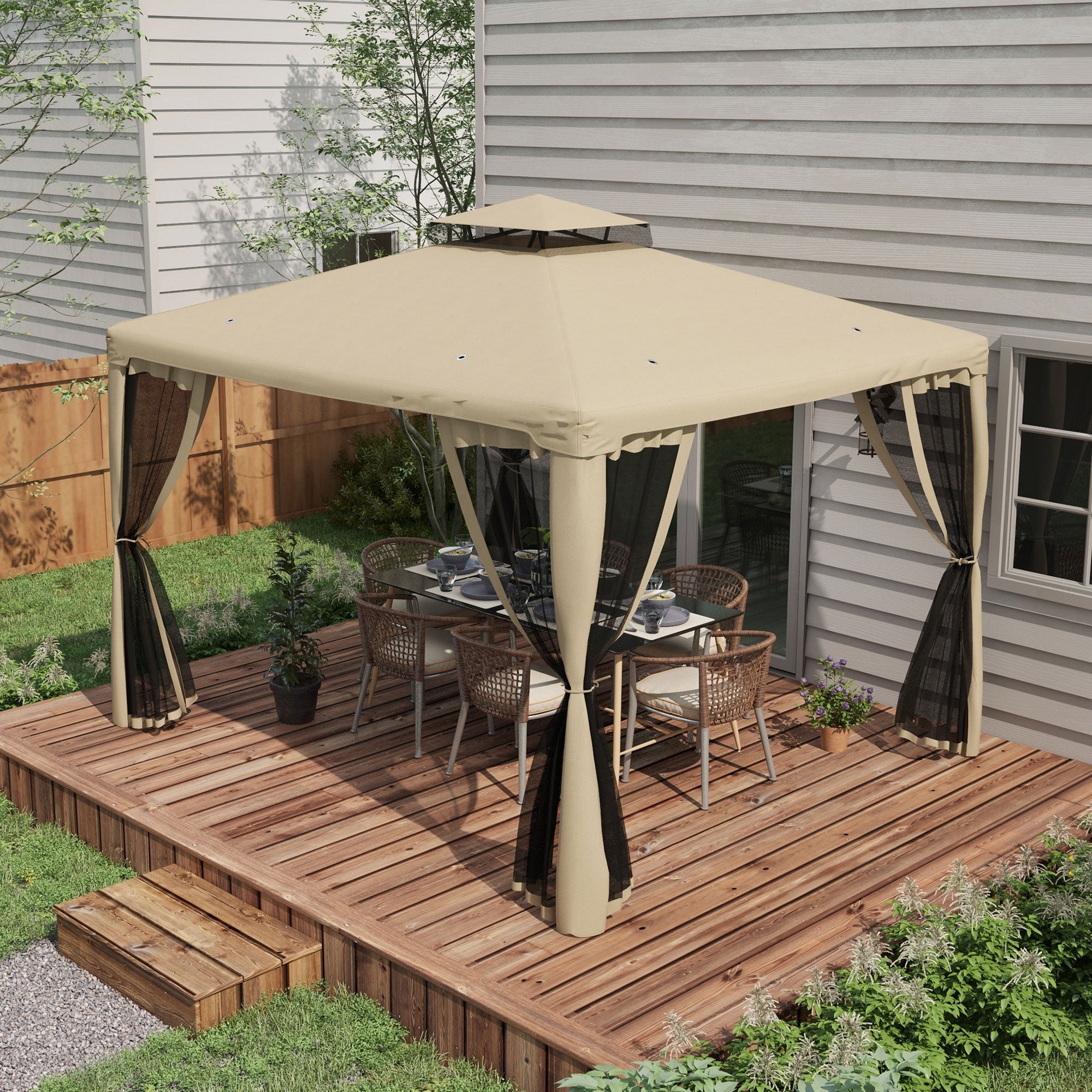 9.6' x 11.6' Patio Gazebo Outdoor Canopy Shelter with 2-Tier Roof and Netting, Steel Frame for Garden, Taupe