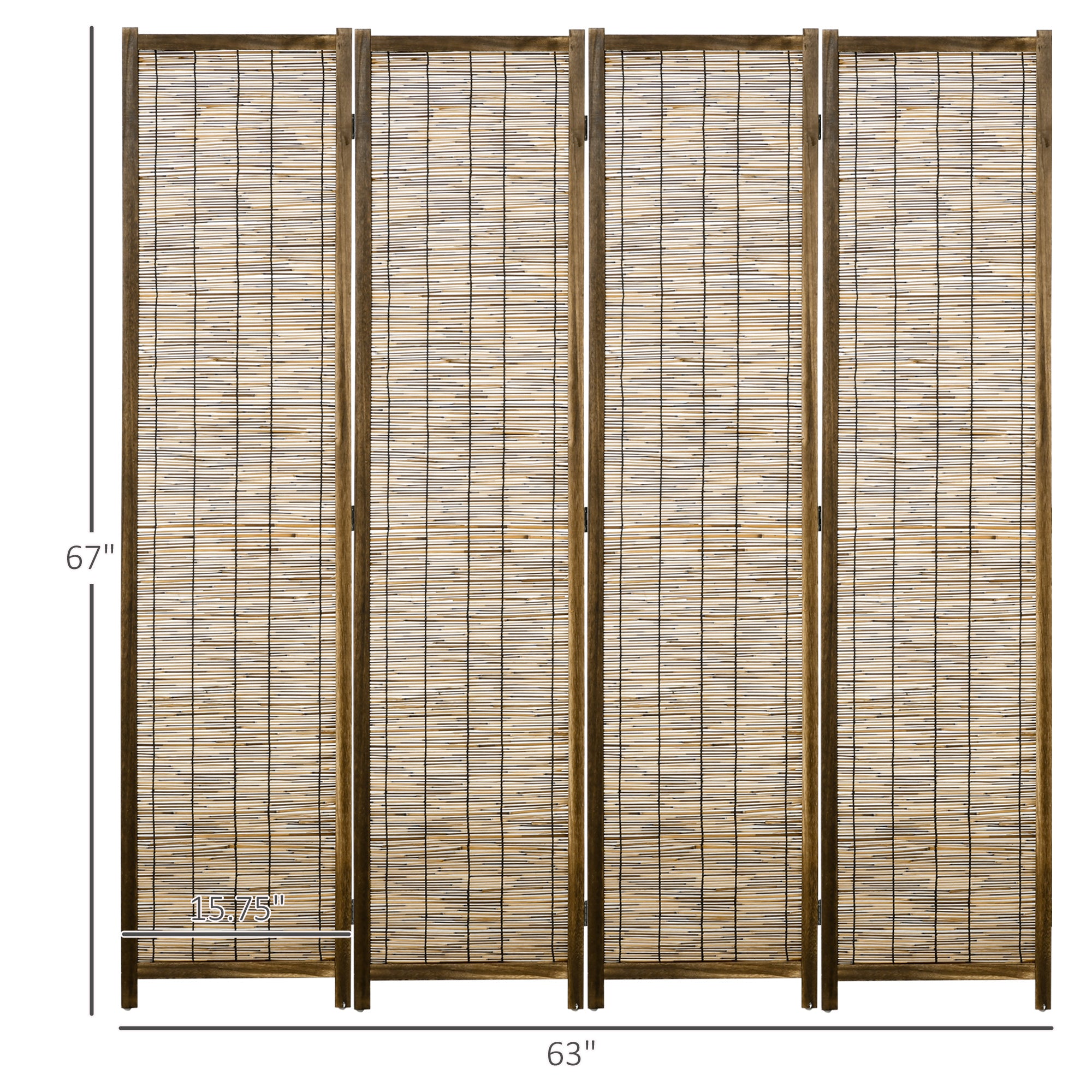 Hand Woven Room Divider, 4 Panel Folding Privacy Screen, Indoor Reed Partition Wall, 63"x67"x0.75", Brown