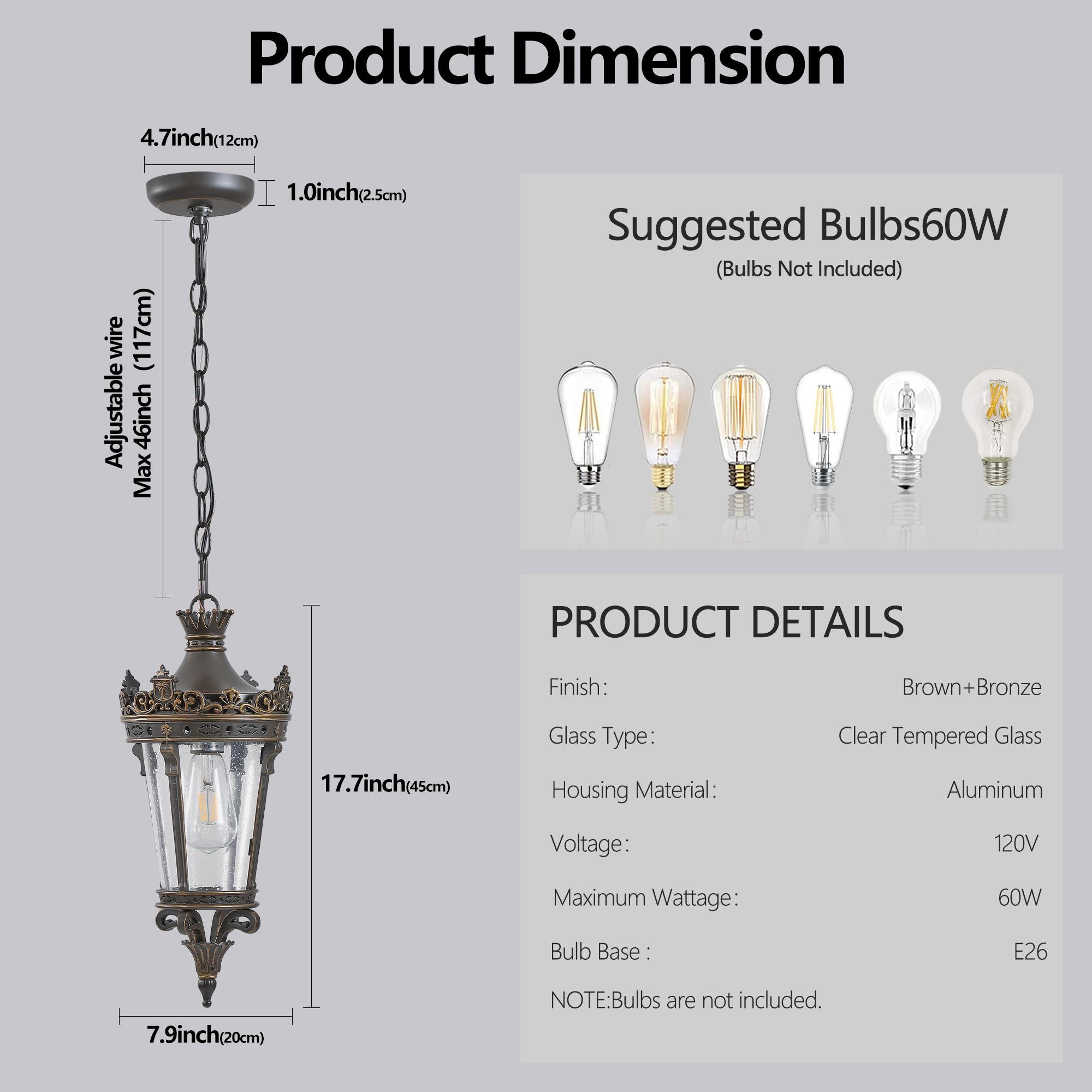 Antique Crown Outdoor Hanging Lantern with Ornate Metal Design, Waterproof Vintage Pendant Light, 8" L x 8" W x 18" H, Coffee+Golden