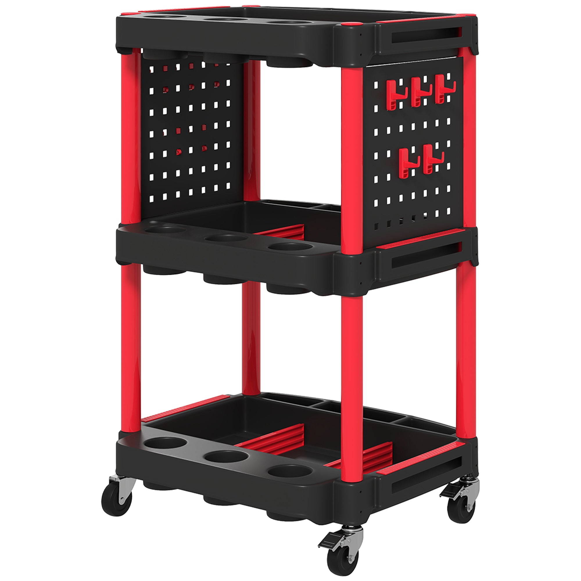 3-Tier Rolling Tool Cart, 200 LBS Capacity Plastic Utility Cart with Side Shelves for Garage Workshop, Black and Red