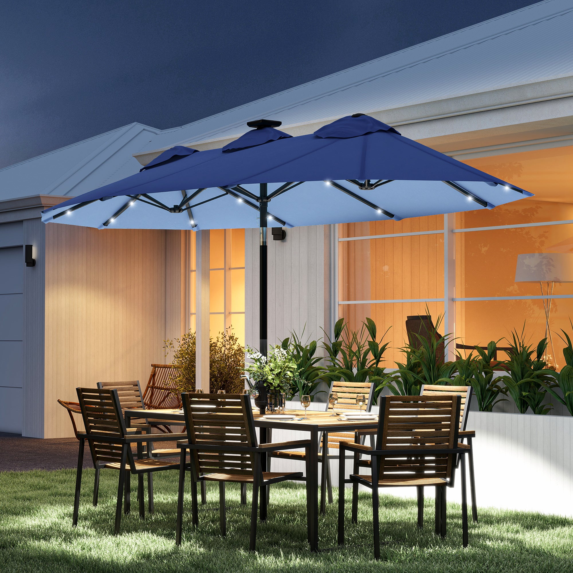 Double-sided Patio Umbrella, 9.7' Outdoor Umbrella with Tilt and Crank, LED Solar Light and 12 Ribs, Navy Blue