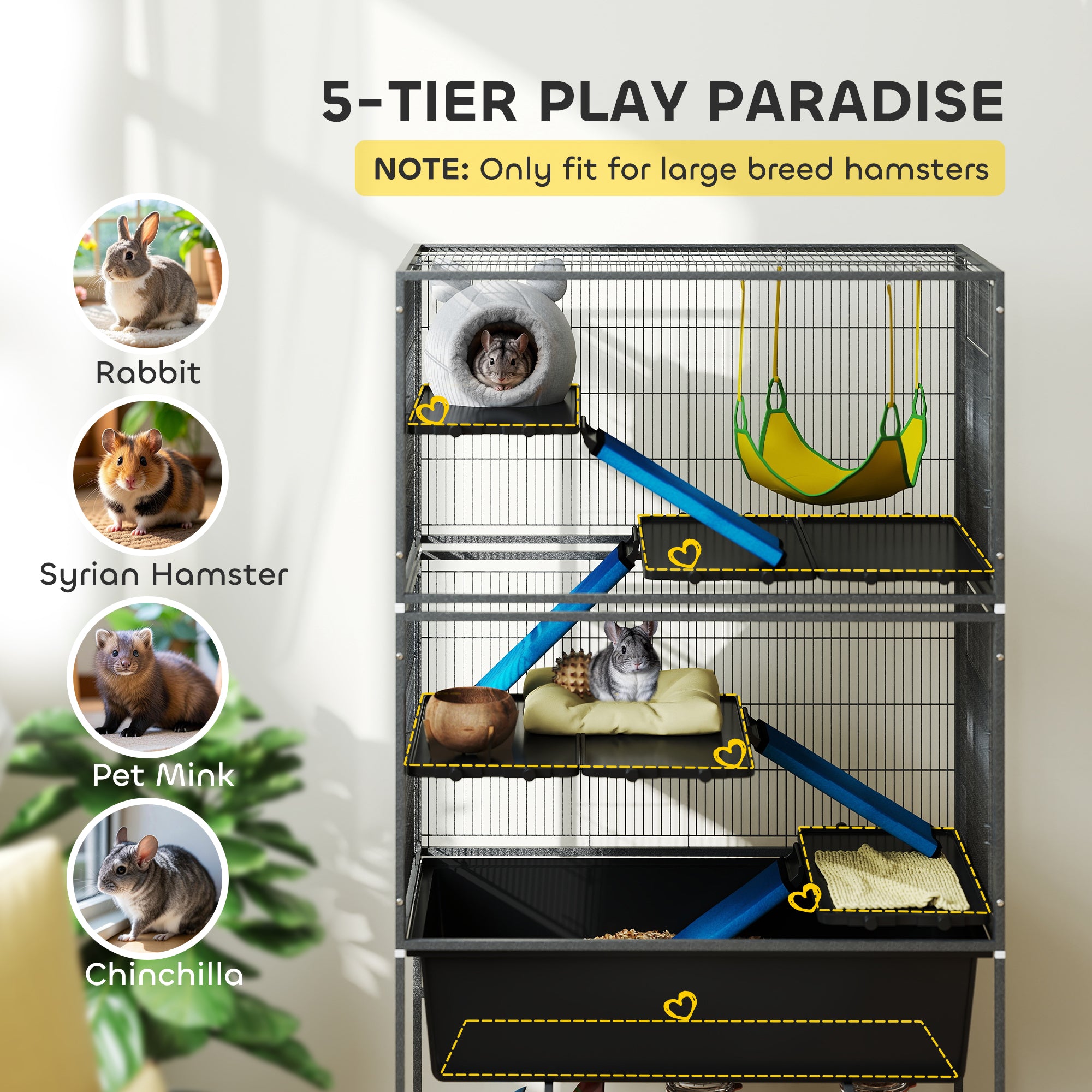 59" 5-Level Small Animal Cage, Rolling Ferret Cage with 6.3" Deep Tray, Non-Slip Cloth Covered Ramps, Hammock, Dark Gray