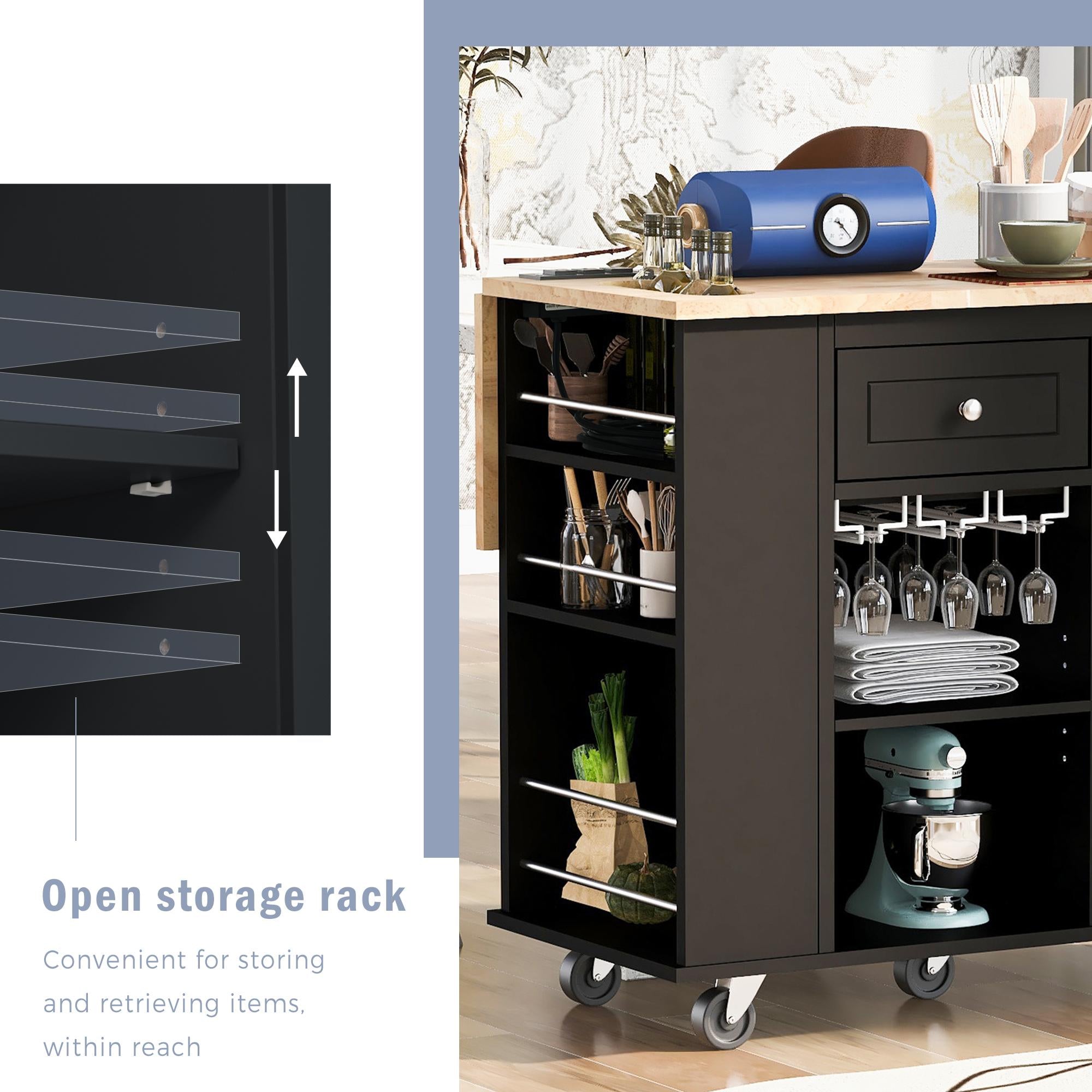 Kitchen Cart with Power Outlet, Drop Leaf, Wine Rack, Adjustable Shelves, Central Island with Lockable Wheels, 40" L x 29.5" W x 34" H, Black