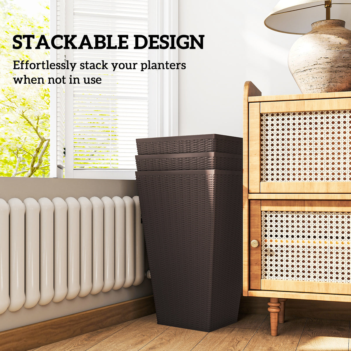 Set of 3 Tall Planters with Drainage Hole, 24" Outdoor Flower Plant Pots, Indoor Planters for Porch, Front Door, Entryway, Patio and Deck, Brown