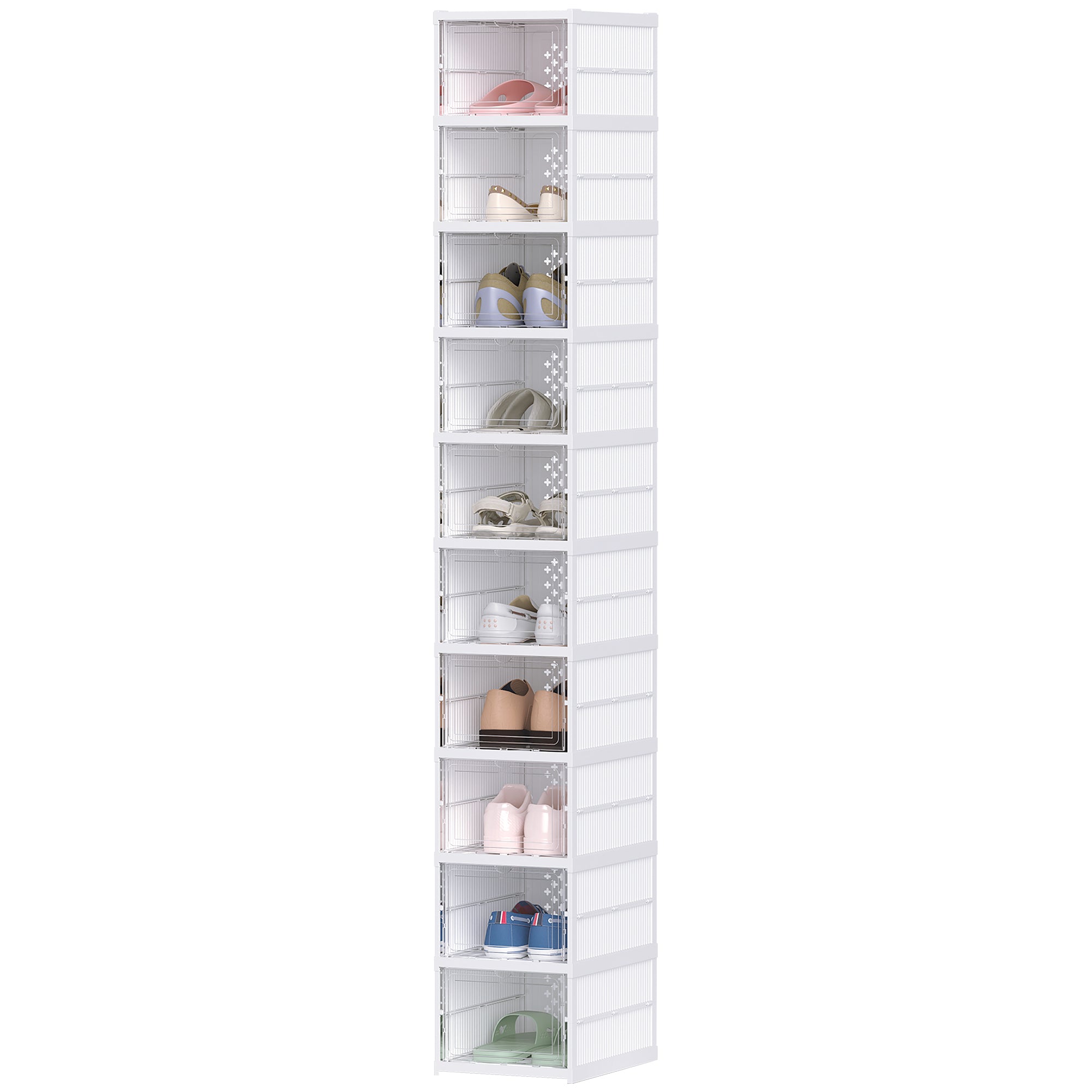 Stackable Plastic Shoe Boxes, 10 Pack Foldable Shoe Storage Boxes with Clear Door, No Assembly, Fit Size 10, White
