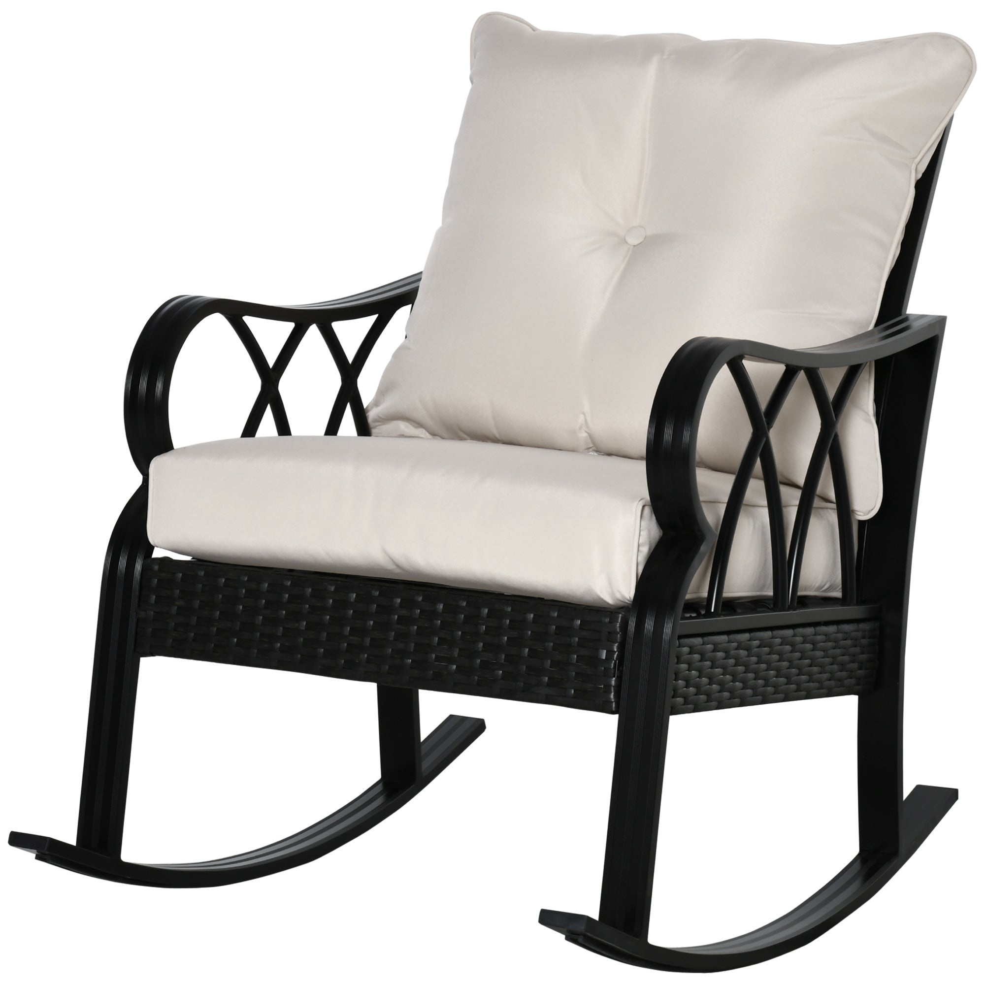 Outdoor Wicker Rocking Chair with Padded Cushions, Aluminum Furniture Rattan Porch Rocker Chair w/ Armrest for Garden, Patio, and Backyard, Khaki