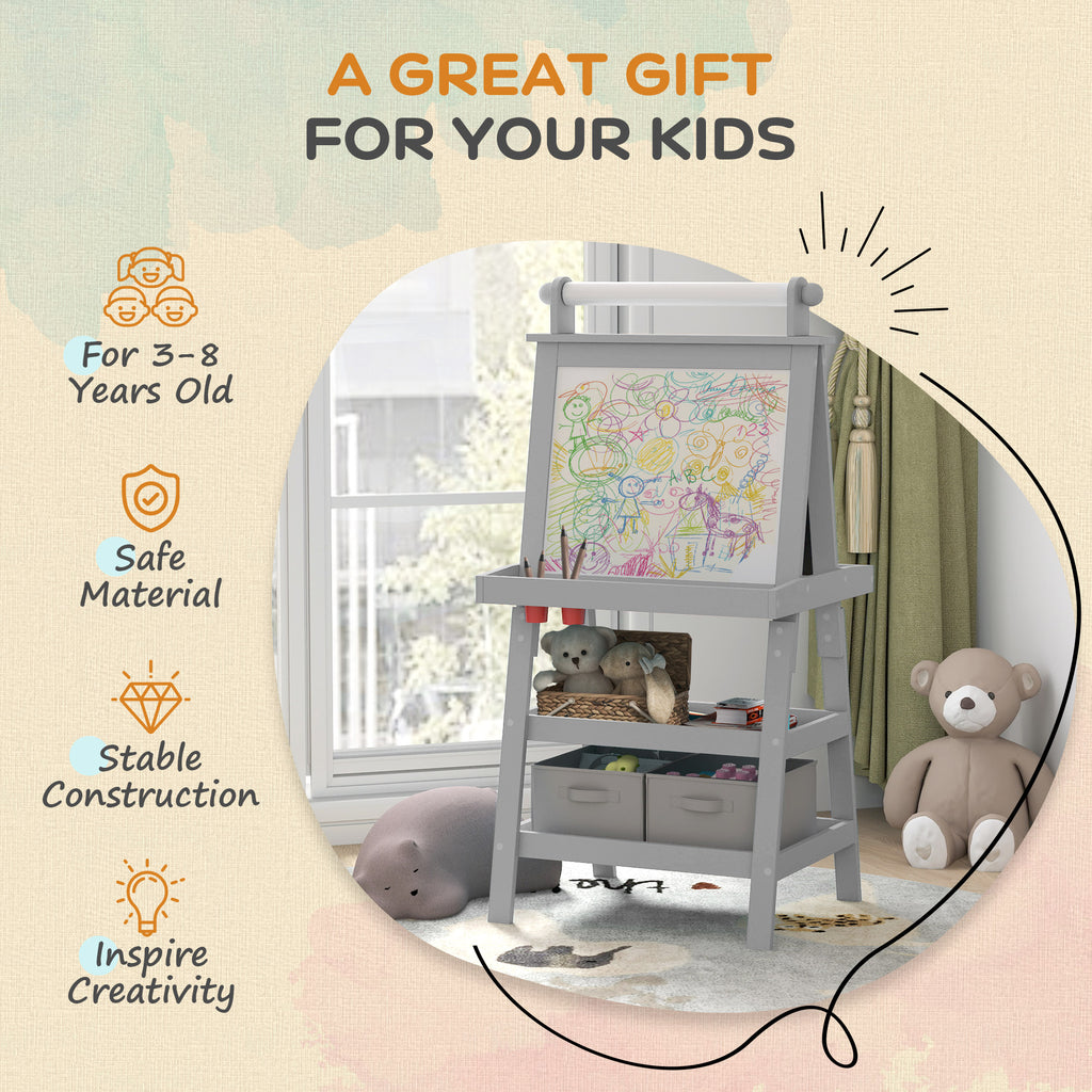 Double Sided Easel for Kids, Standing Toddler Easel with Paper Roll, Magnetic Whiteboard, Chalkboard & Storage, Gray