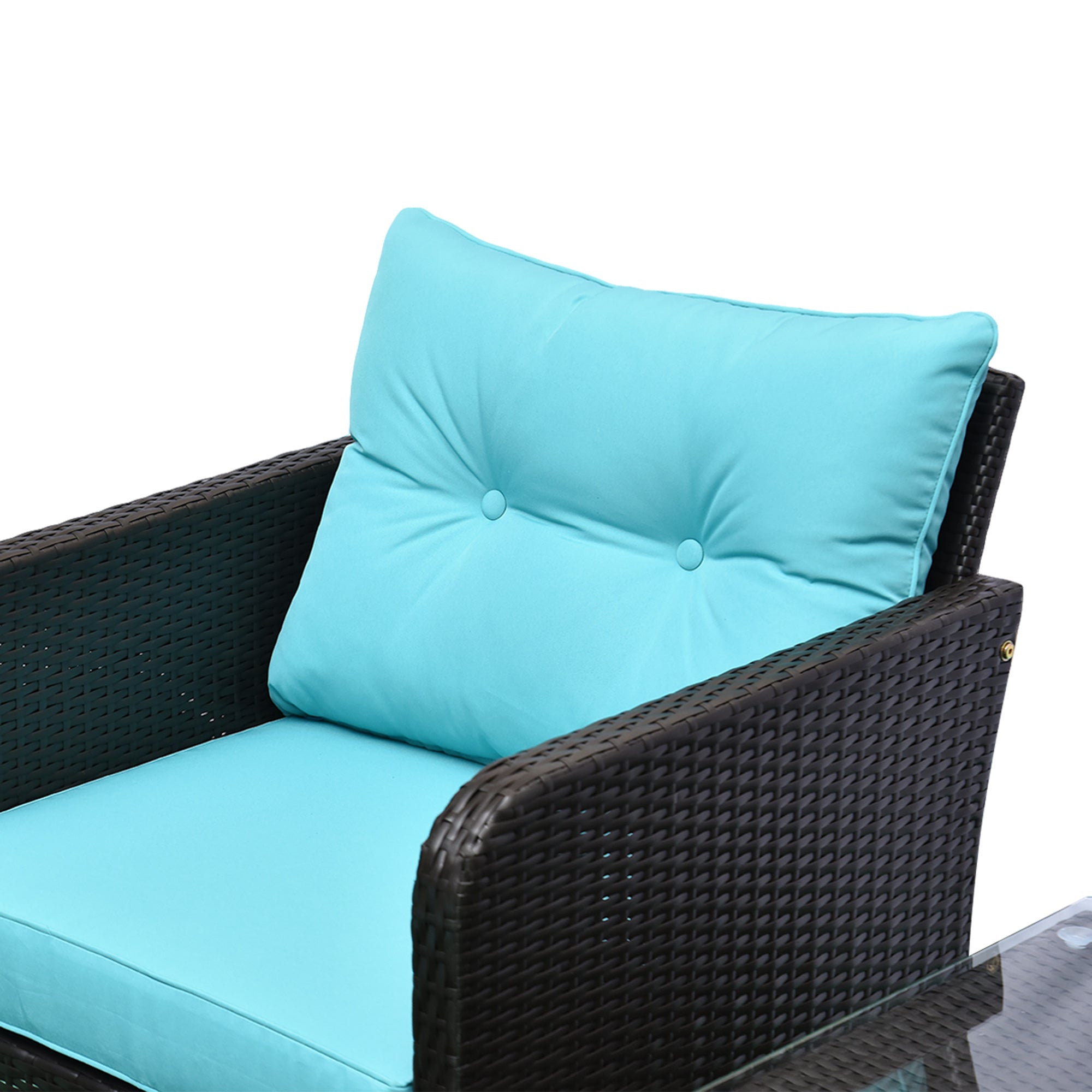 5 Pieces Rattan Wicker Lounge Chair Outdoor Patio Conversation Set with 2 Cushioned Chairs, 2 Ottomans and Tempered Glass Top Coffee Table, Brown/Blue