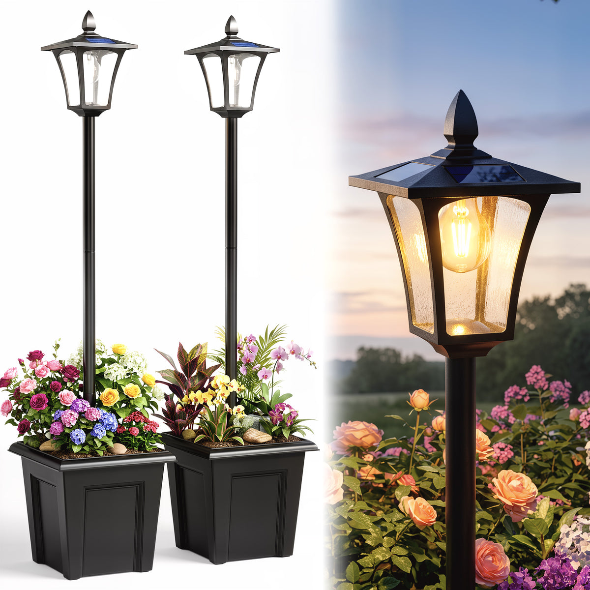 63" Solar Lamp Post Lights 2 Pack, Waterproof LED Solar Light Posts with Planter, Black