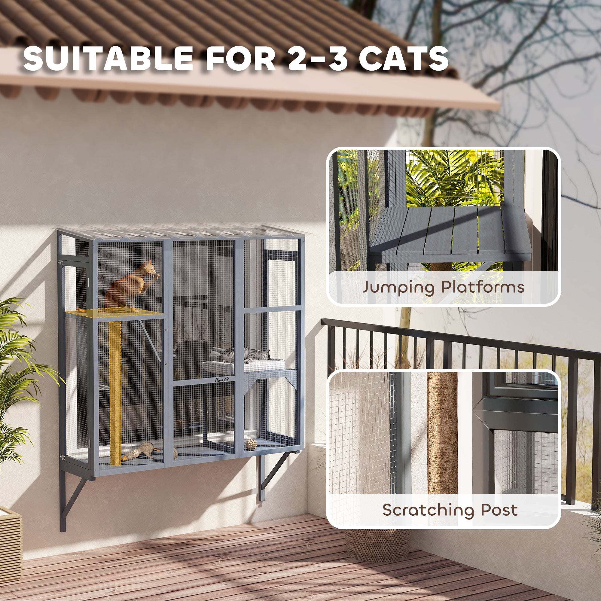 Catio Outdoor, Window Catio for 2-3 Large Indoor Cats w/ 2 Jumping Platforms, Scratching Post, for Playing, Napping
