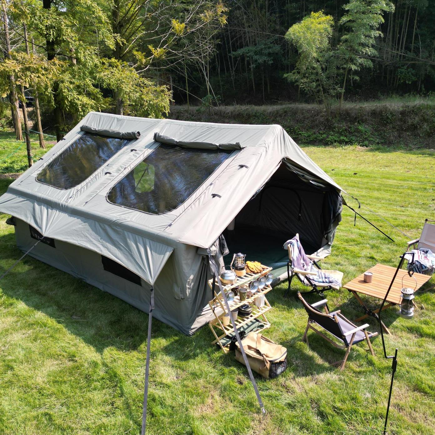 Inflatable Camping Tent with Hand Pump, Mesh and Chimney Window, Windproof Oxford Cabin Tent, 157.5" L x 118" W x 79" H, Army Green