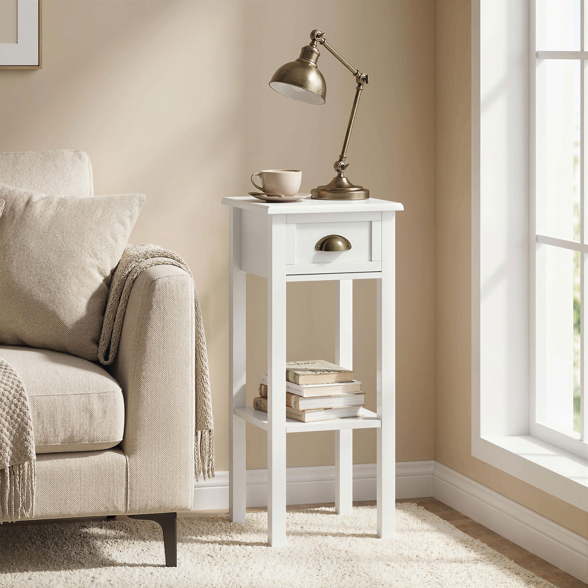 2-Tier Side Table with Drawer and Shelf, End Table for Living Room and Hallway, White