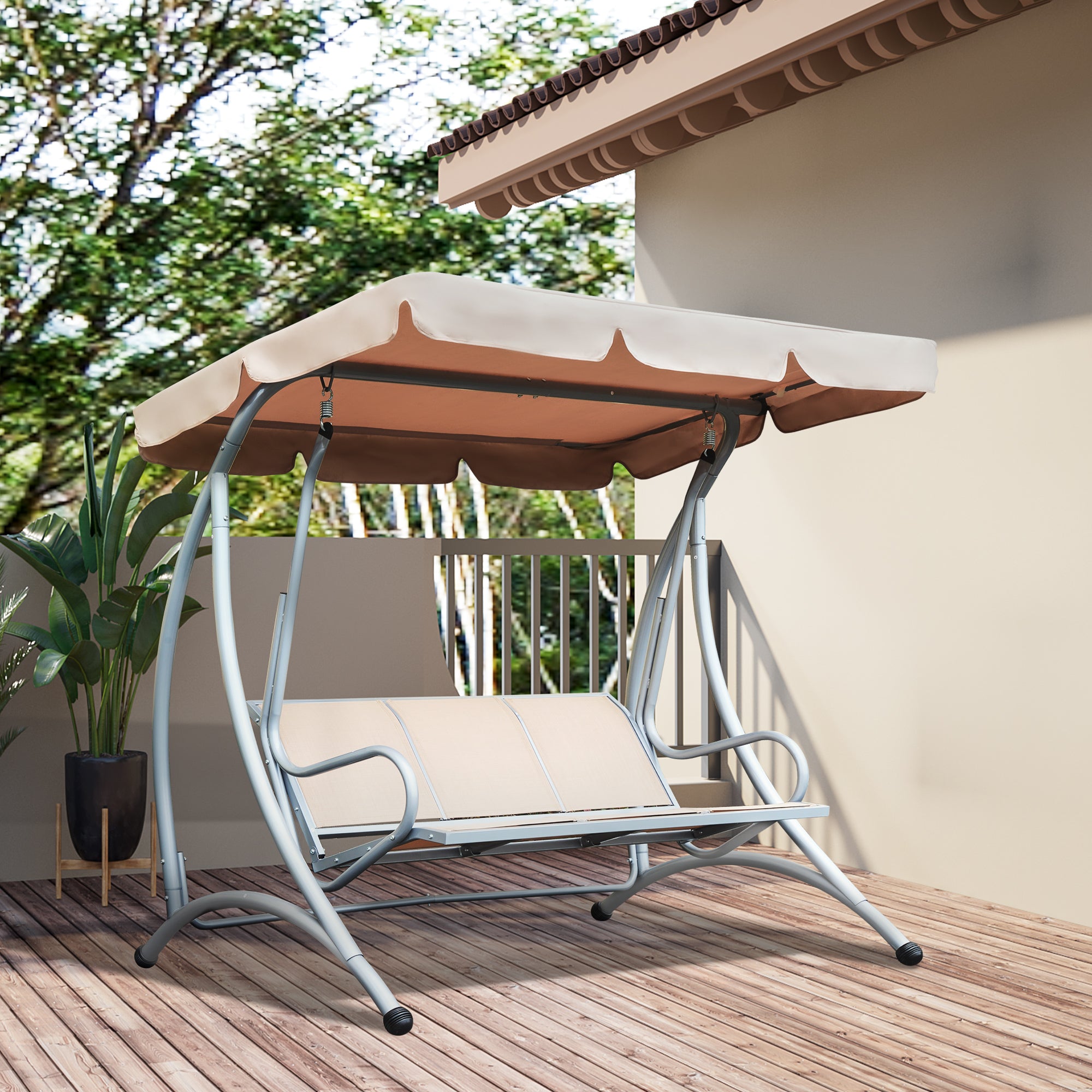 3-Seat Outdoor Porch Swing Chair, Patio Swing Glider with Adjustable Canopy, Breathable Seat, and Steel Frame for Garden, Poolside, Backyard, Beige